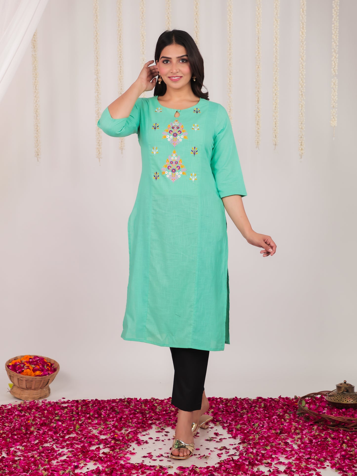 Natural Cotton Solid Panelled Green Kurta
