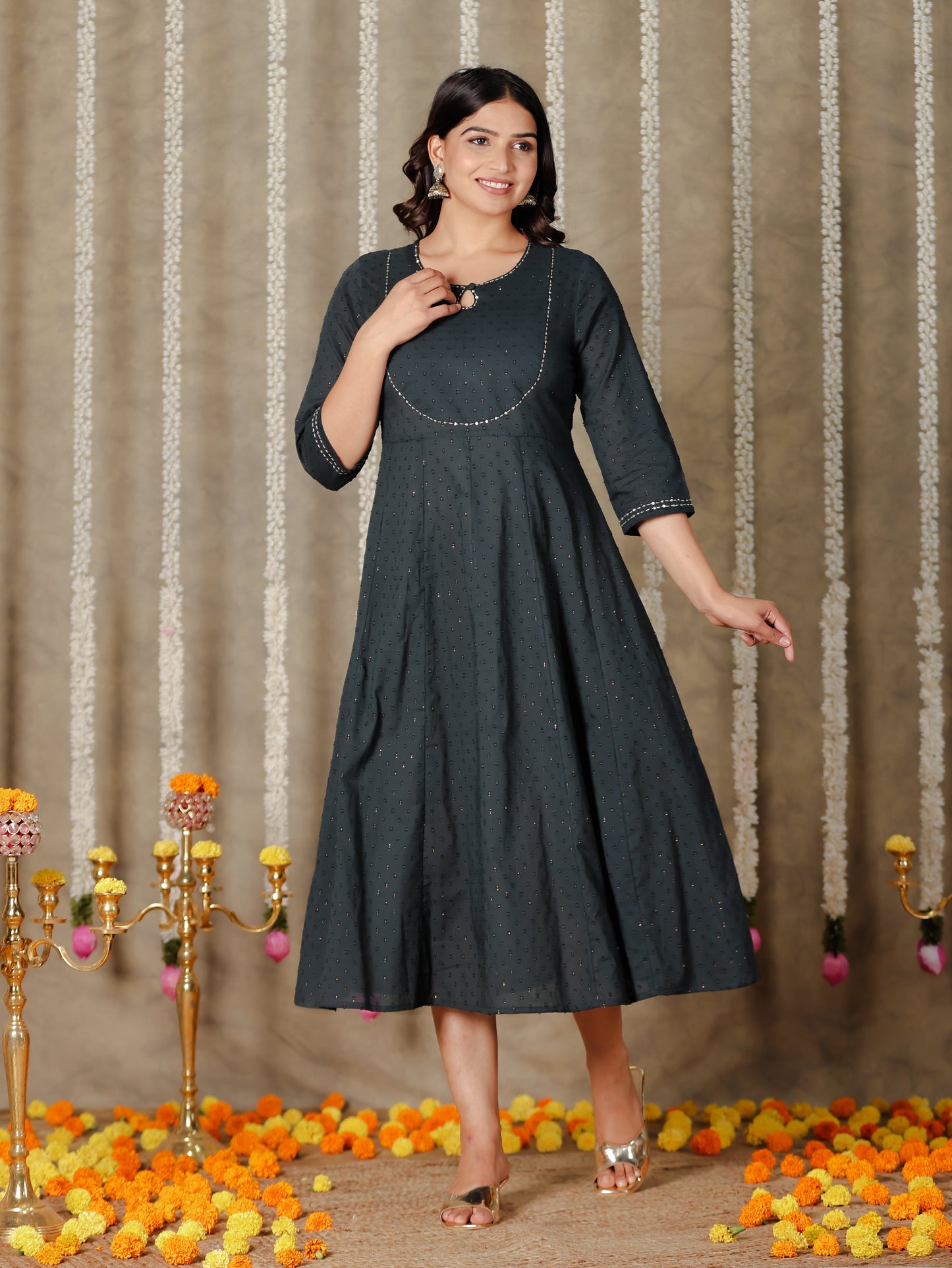 Textured Cotton Solid Anarkali Grey Kurta