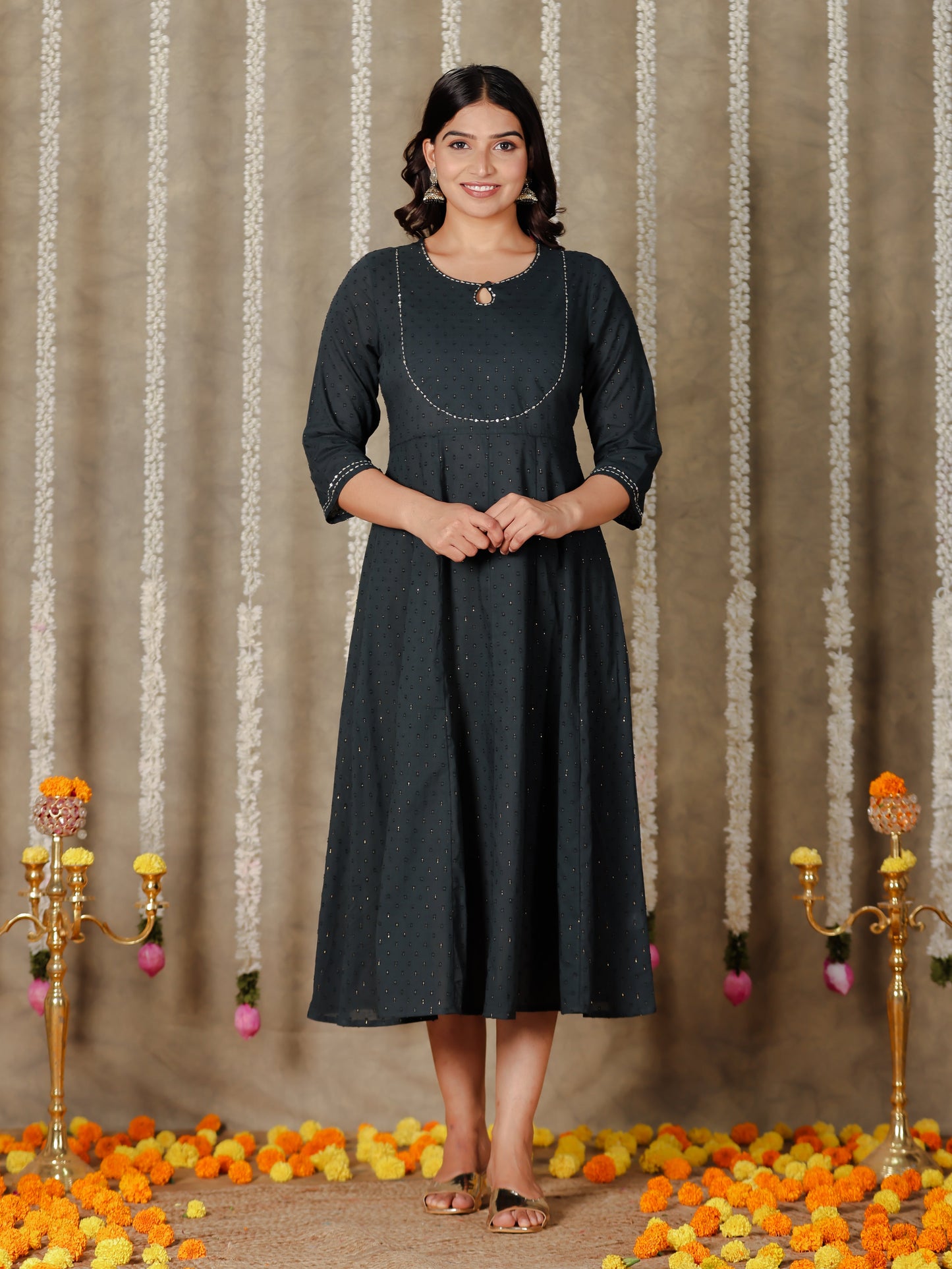 Textured Cotton Solid Anarkali Grey Kurta