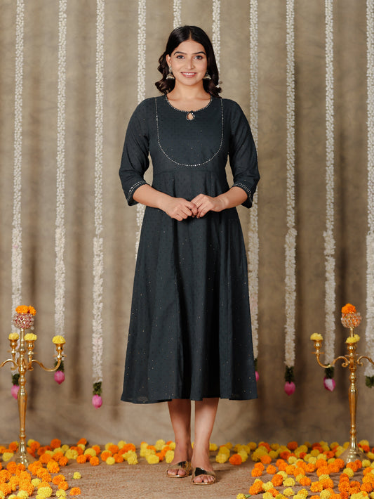 Textured Cotton Solid Anarkali Grey Kurta