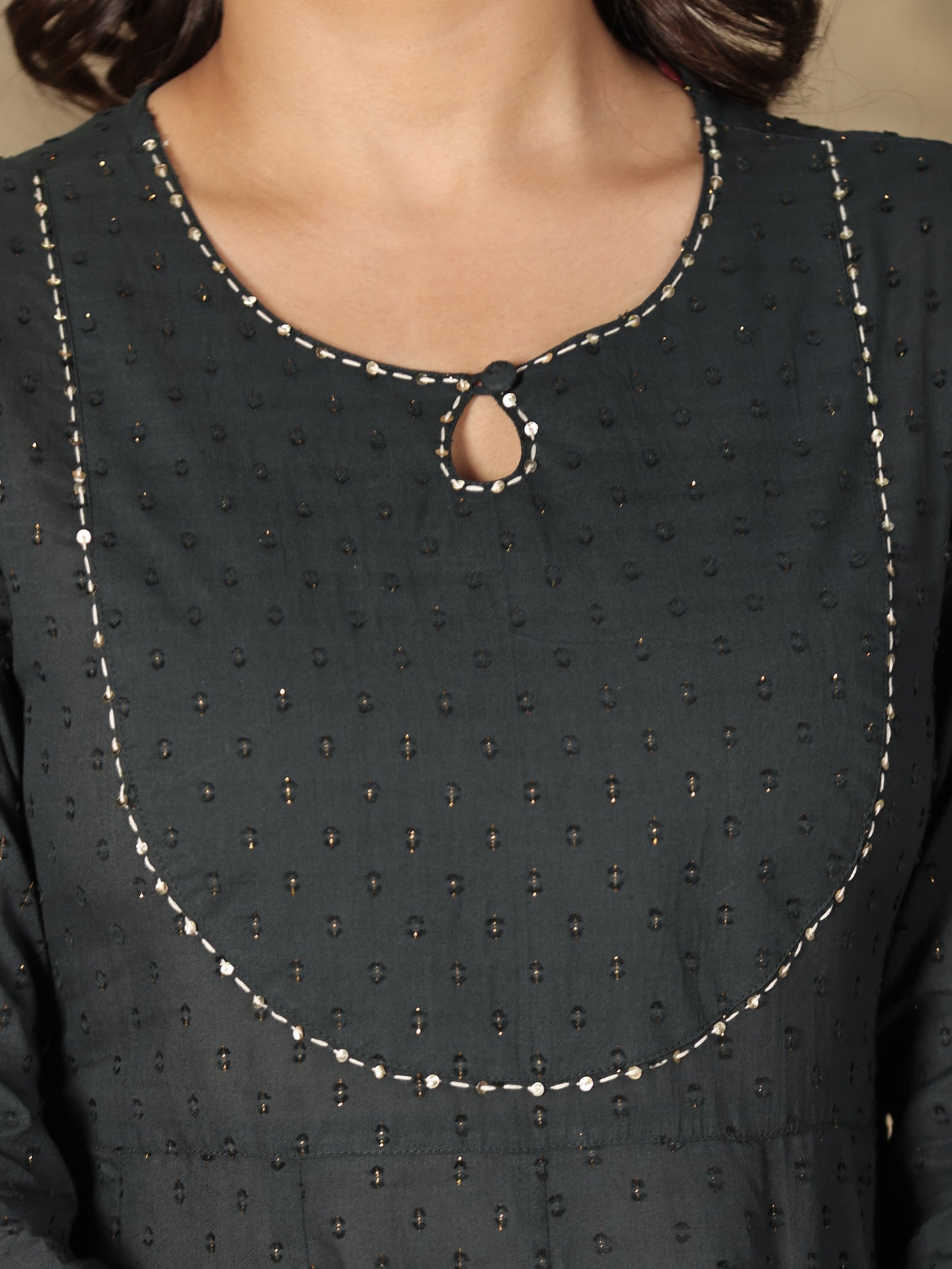Textured Cotton Solid Anarkali Grey Kurta