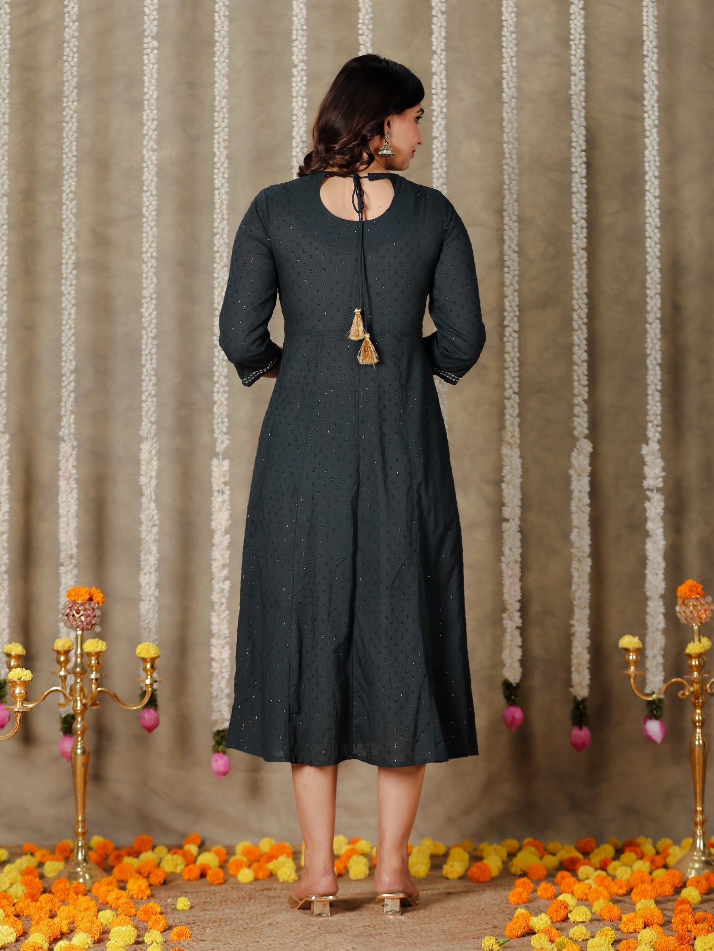 Textured Cotton Solid Anarkali Grey Kurta