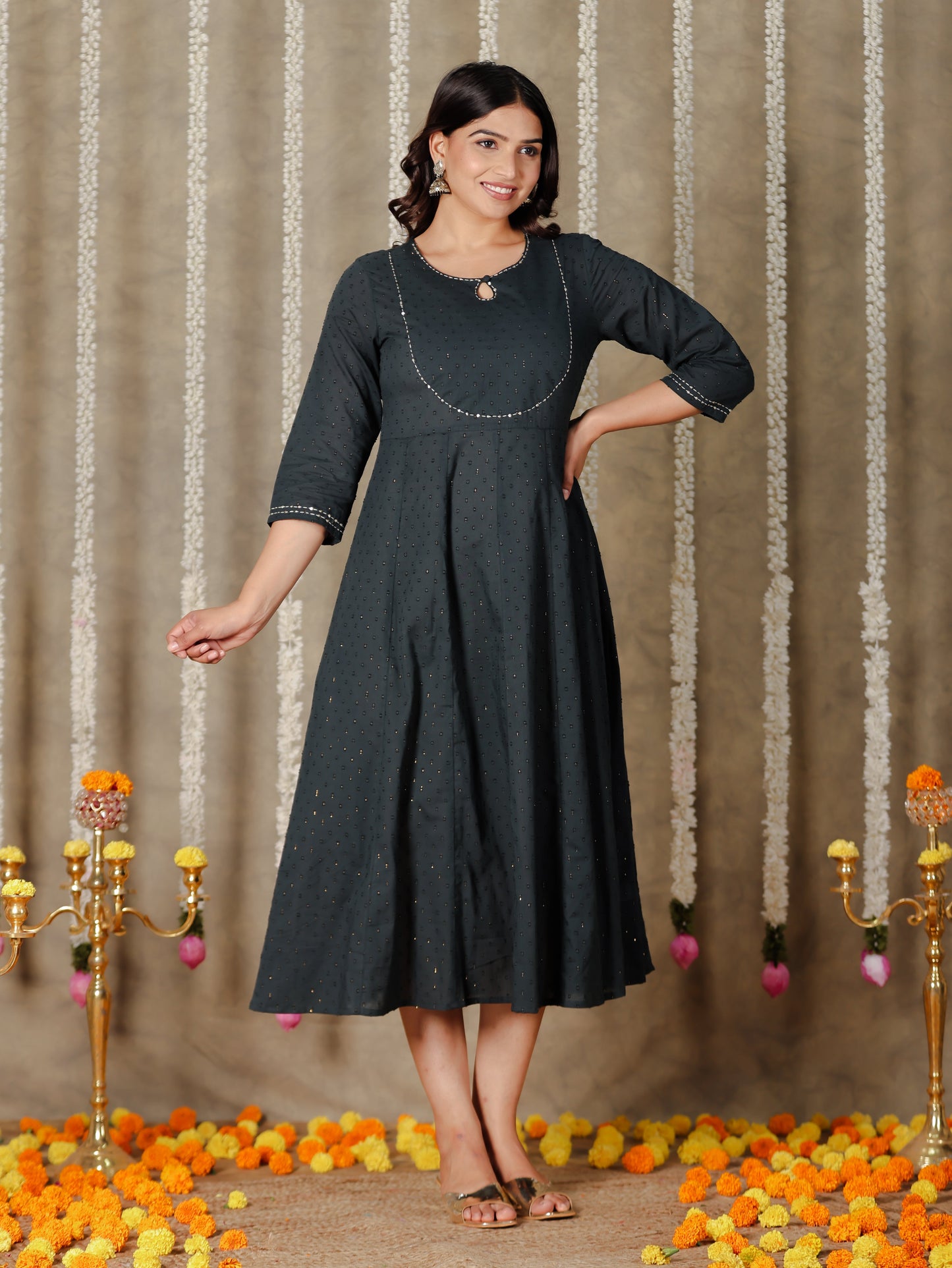 Textured Cotton Solid Anarkali Grey Kurta