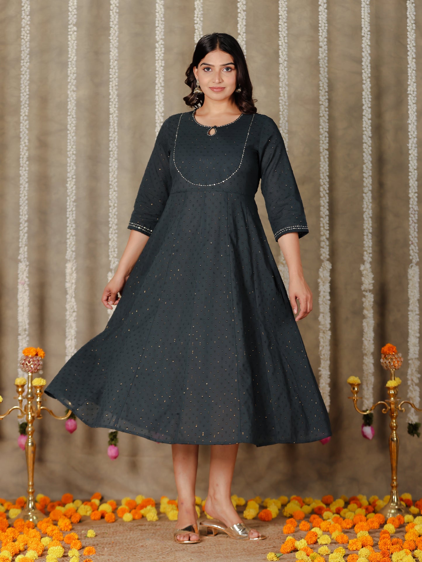 Textured Cotton Solid Anarkali Grey Kurta