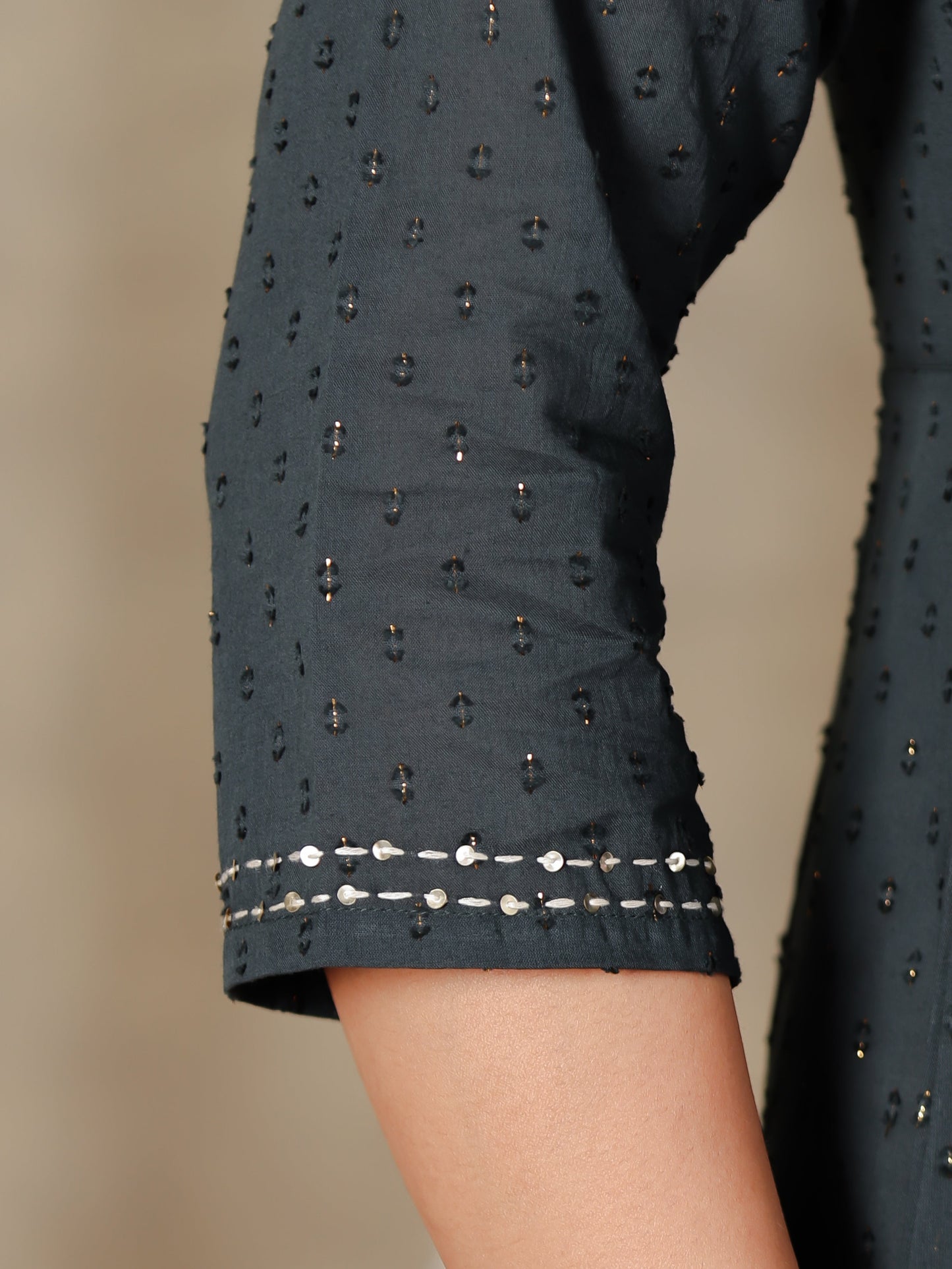 Textured Cotton Solid Anarkali Grey Kurta