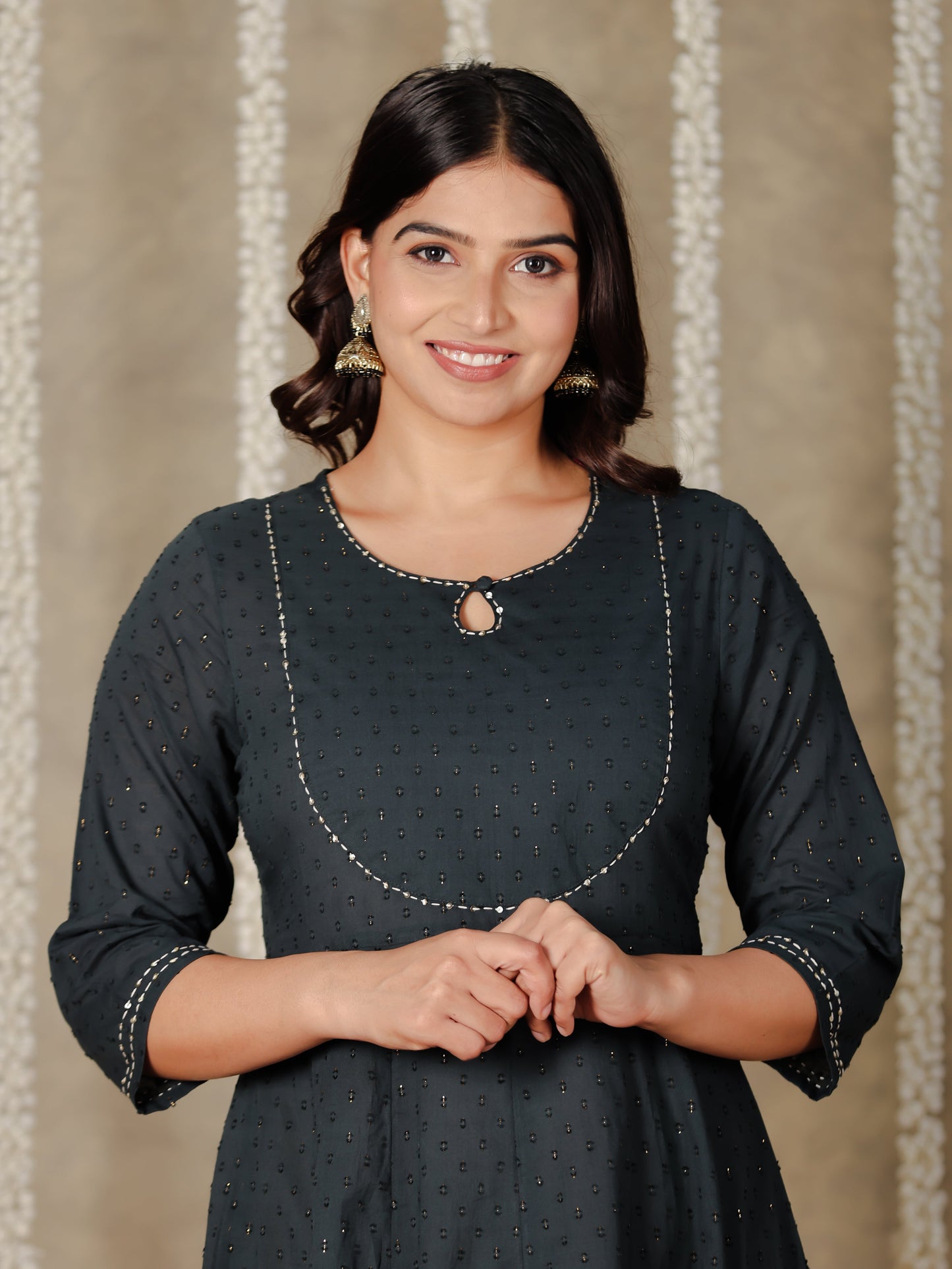 Textured Cotton Solid Anarkali Grey Kurta