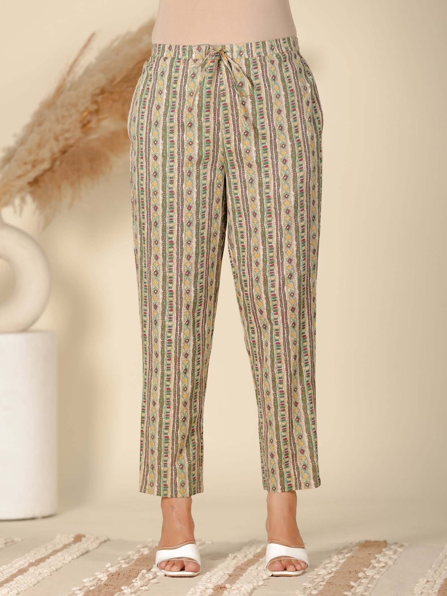 Soft Cotton Striped Green Tapered Trousers