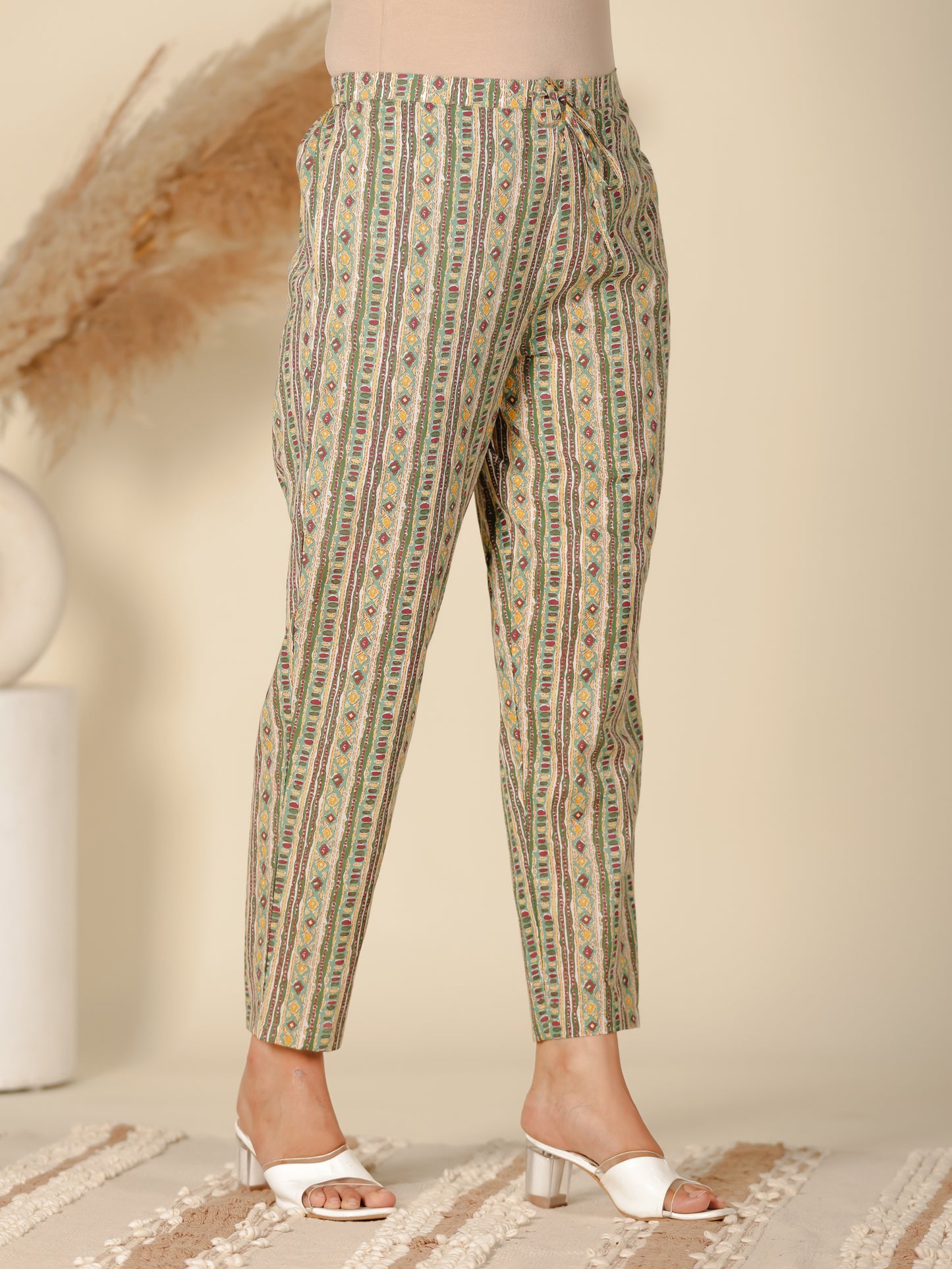 Soft Cotton Striped Green Tapered Trousers