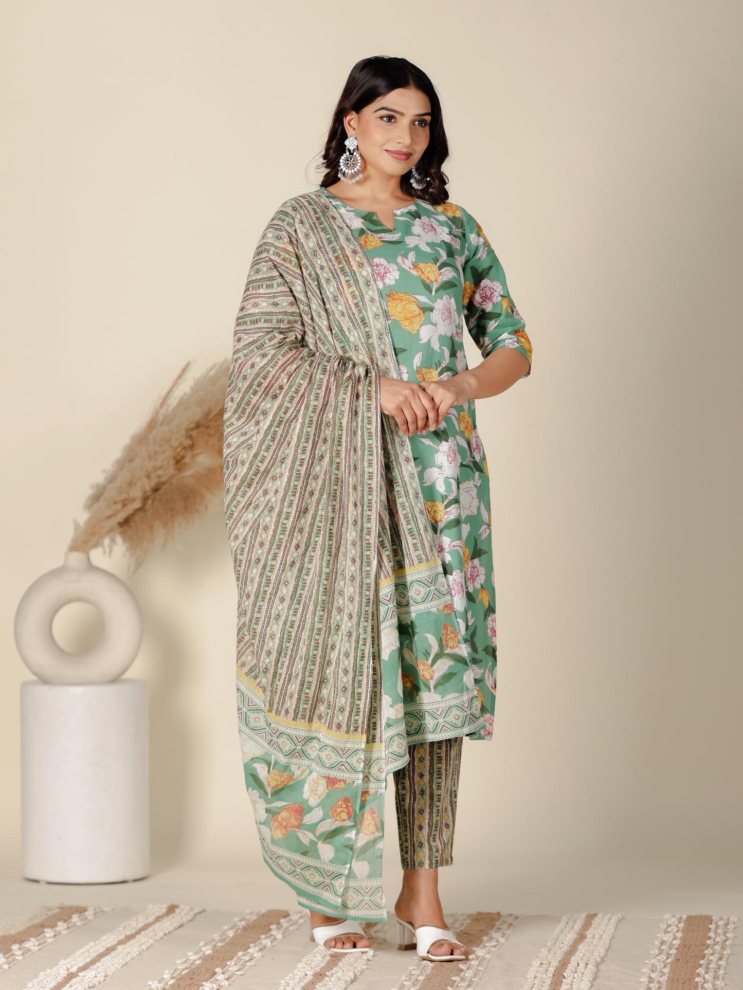 Voile Cotton Striped Green Dupatta