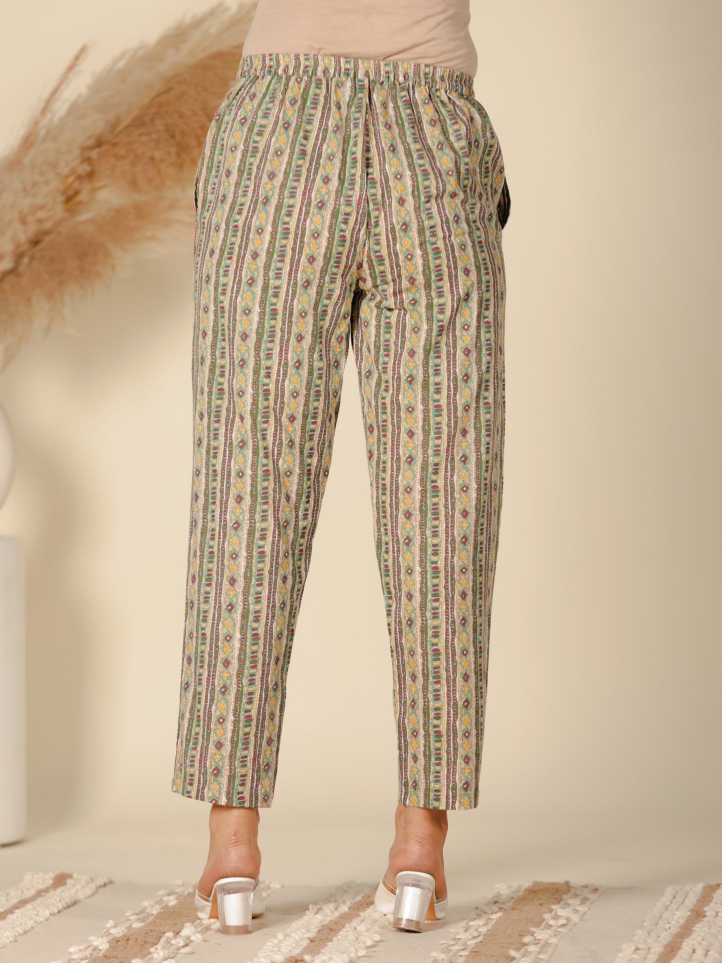 Soft Cotton Striped Green Tapered Trousers