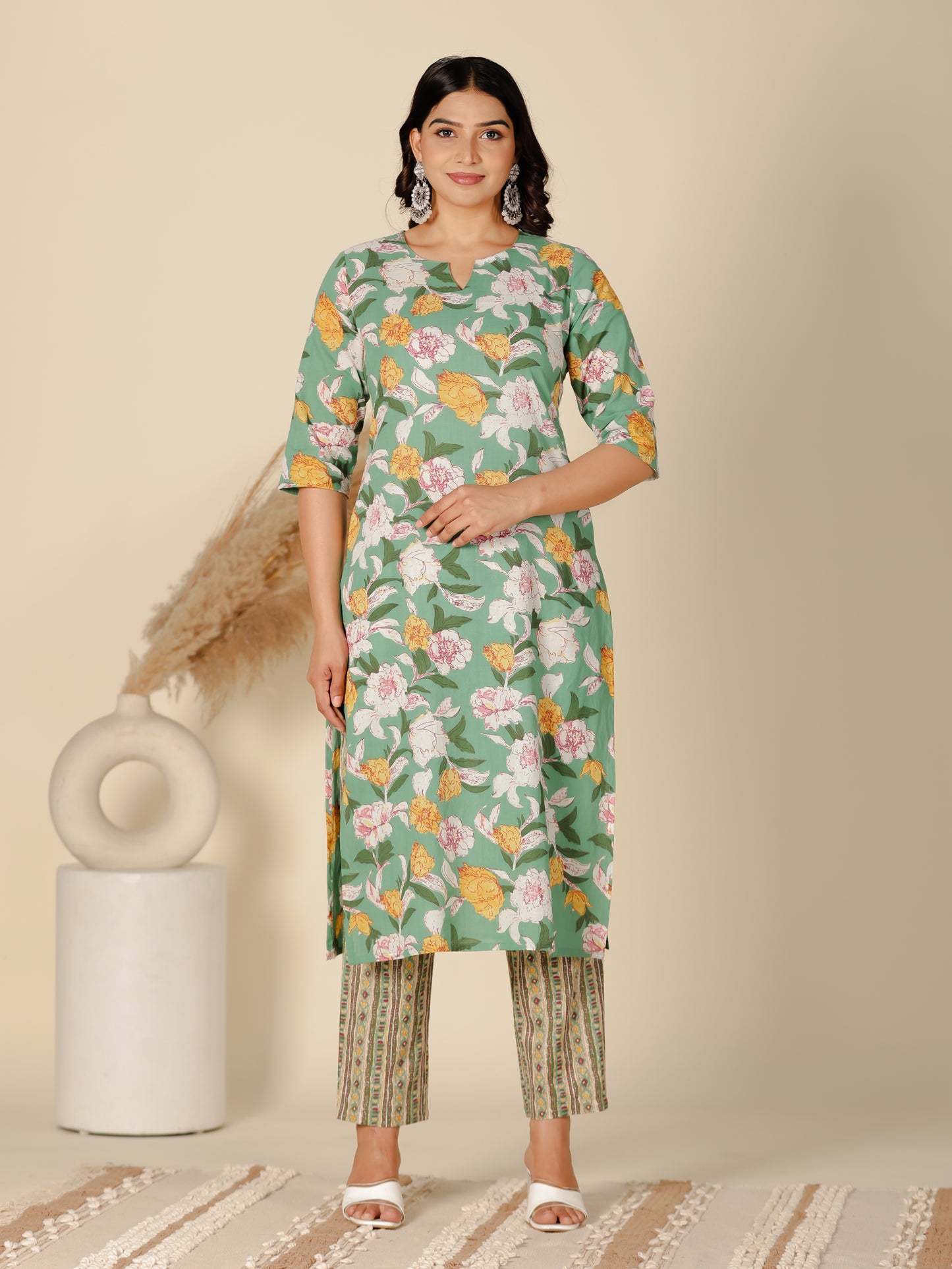 Soft Cotton Floral Straight Green Kurta