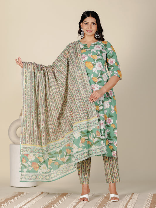 Soft Cotton Floral Straight Green Kurta
