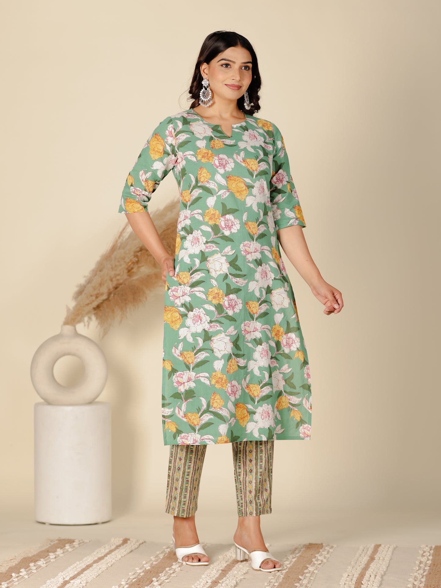 Soft Cotton Floral Straight Green Kurta