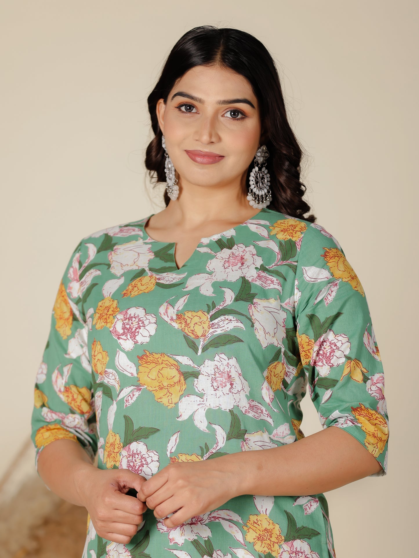Soft Cotton Floral Straight Green Kurta