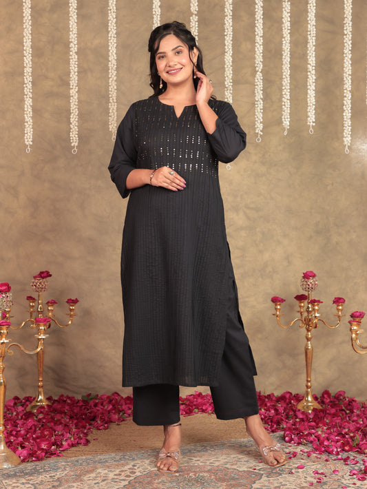 Embroidered Soft Cotton Solid Straight Blue Kurta