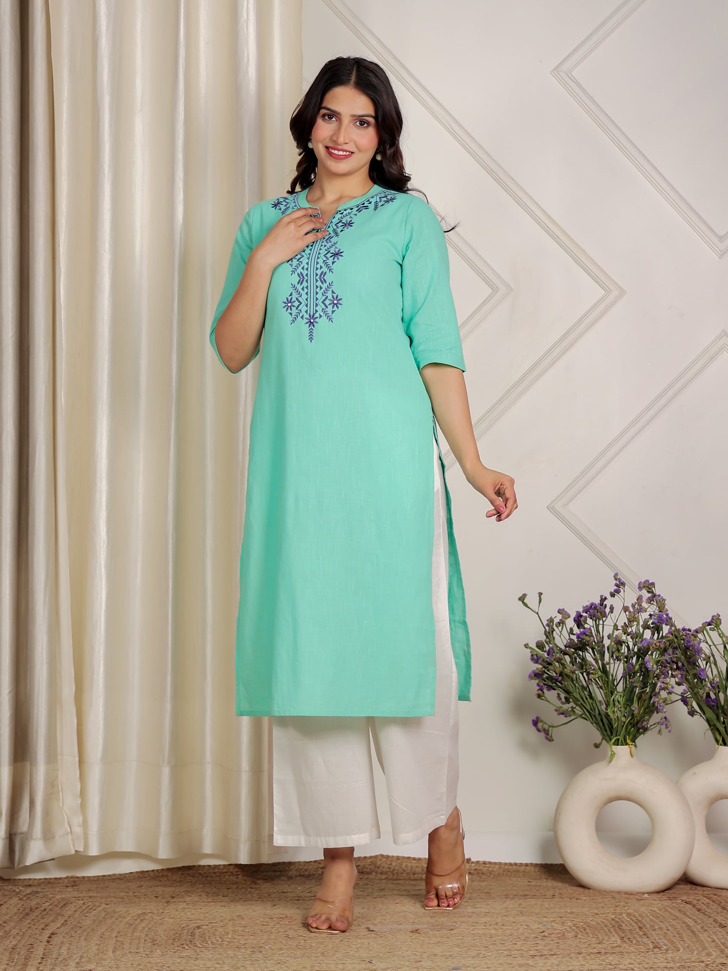 Soft Cotton Solid Straight Green Kurta