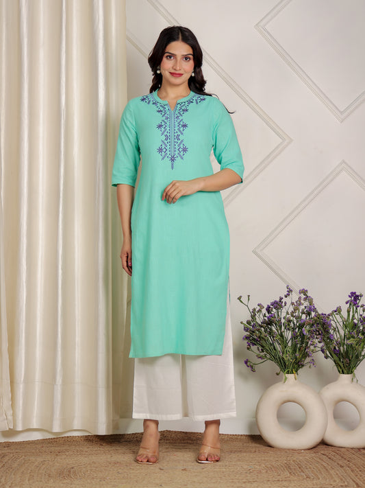 Soft Cotton Solid Straight Green Kurta