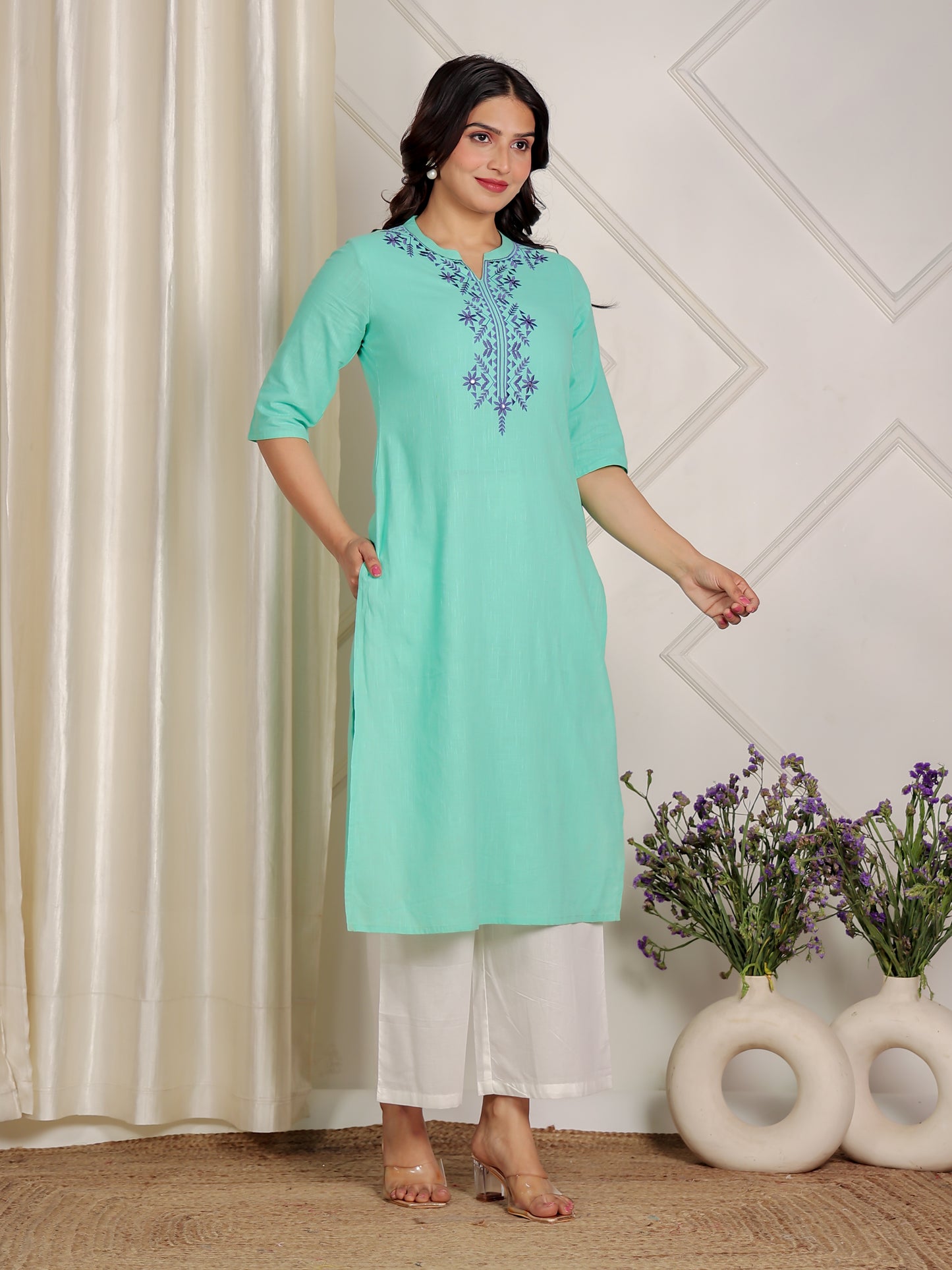 Soft Cotton Solid Straight Green Kurta