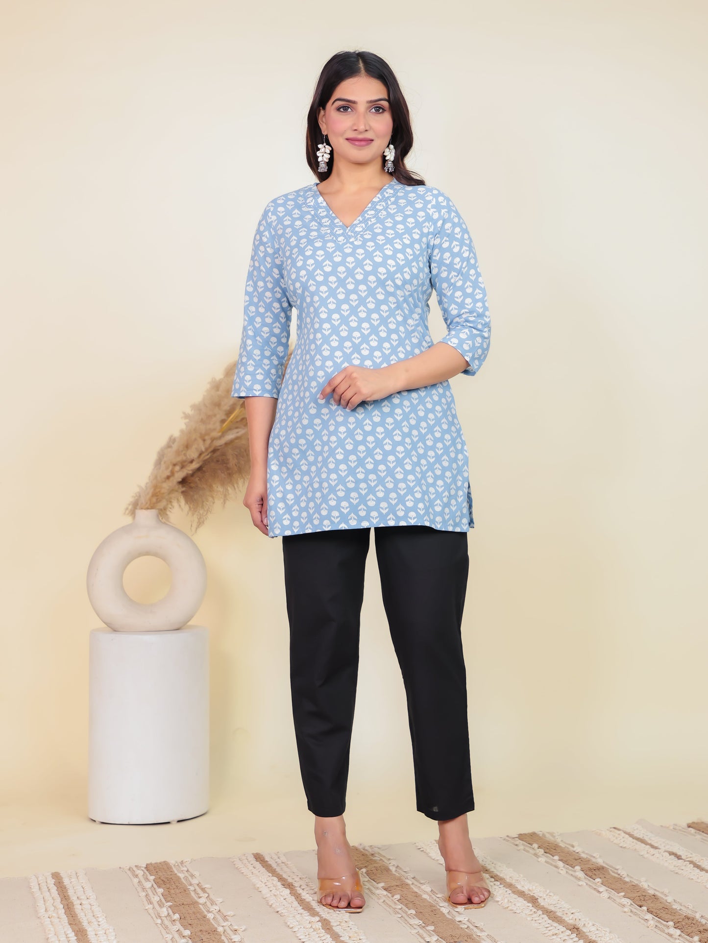 Soft Cotton Floral Straight Blue Kurti