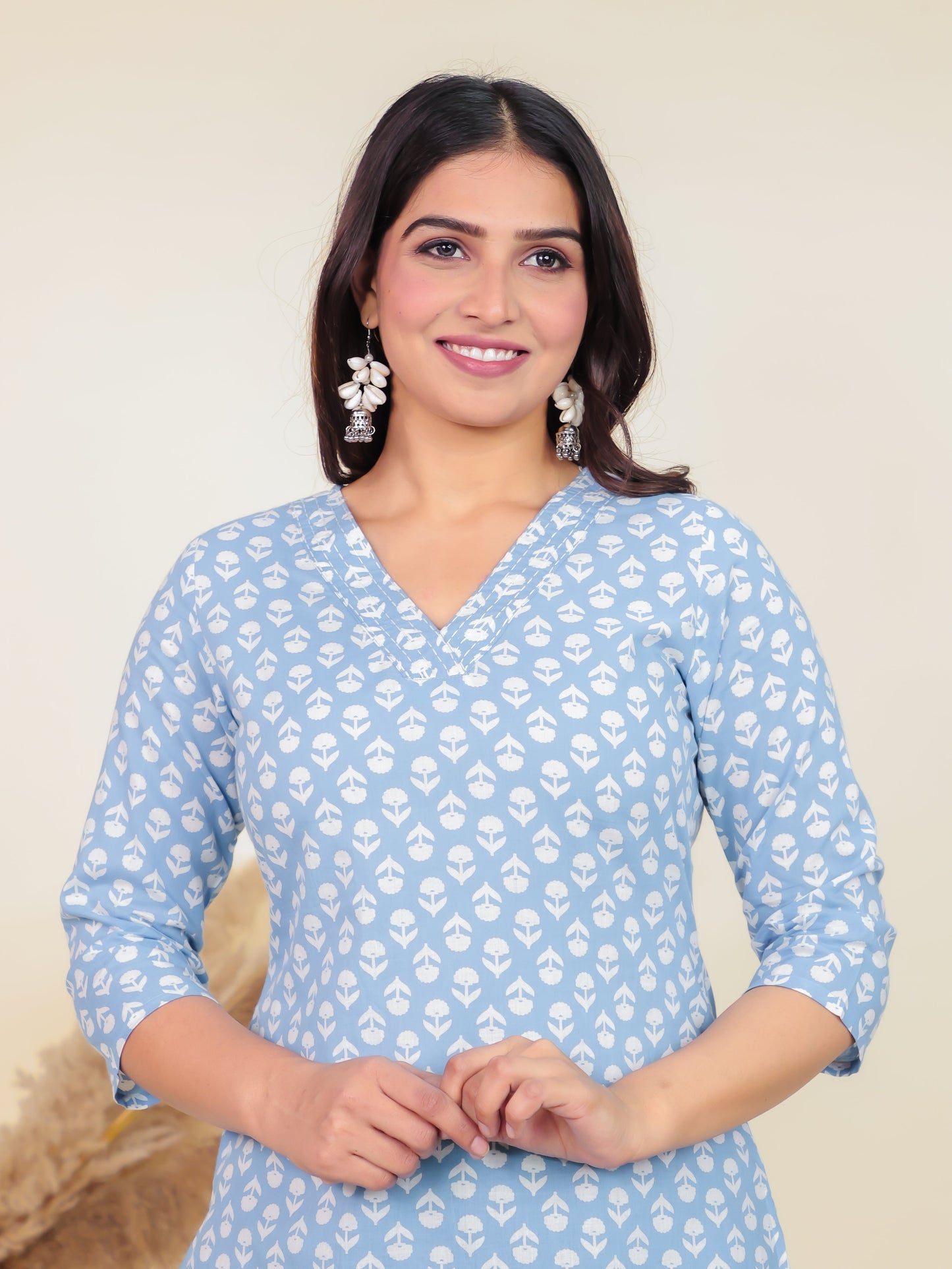 Soft Cotton Floral Straight Blue Kurti