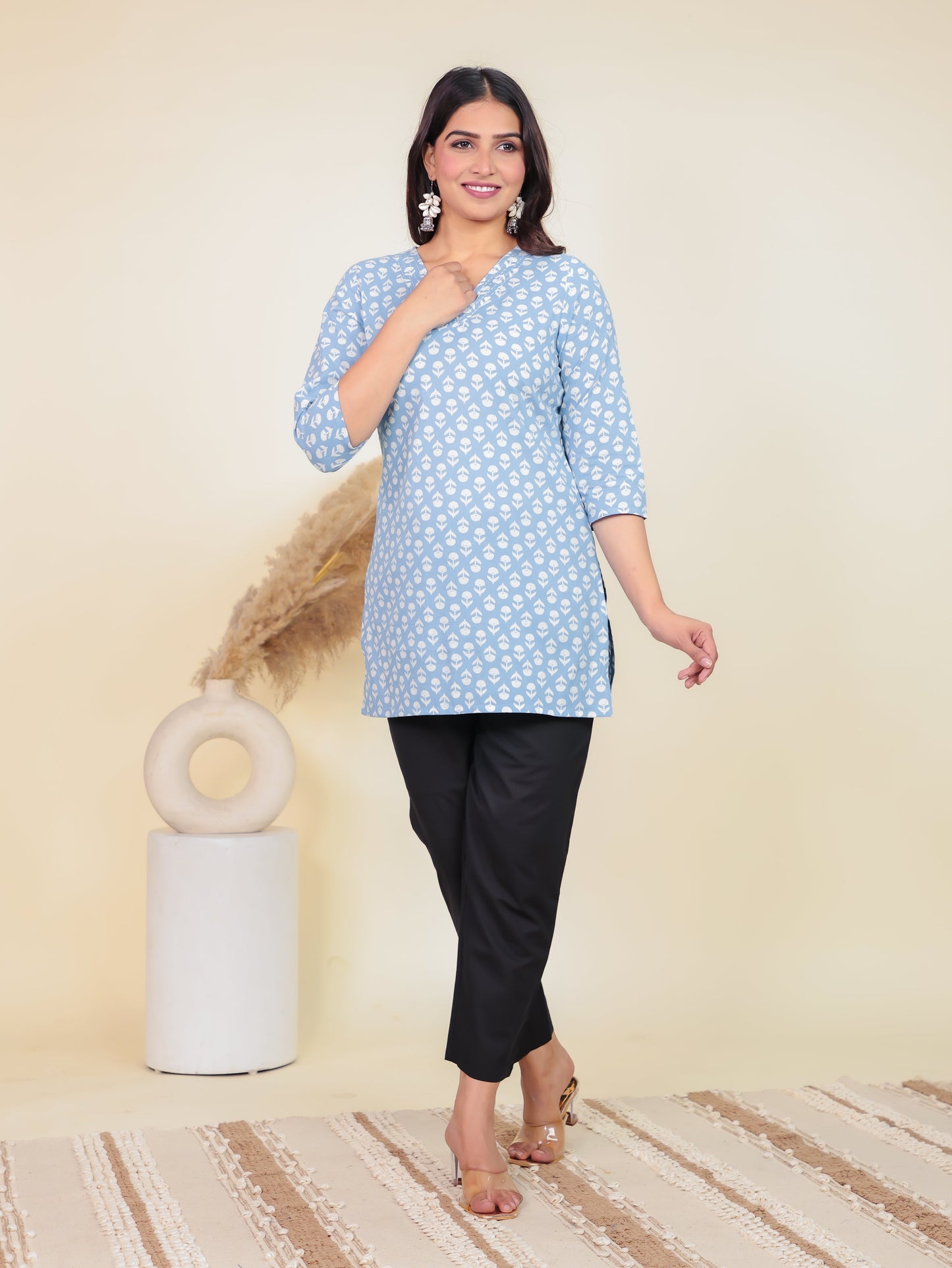 Soft Cotton Floral Straight Blue Kurti