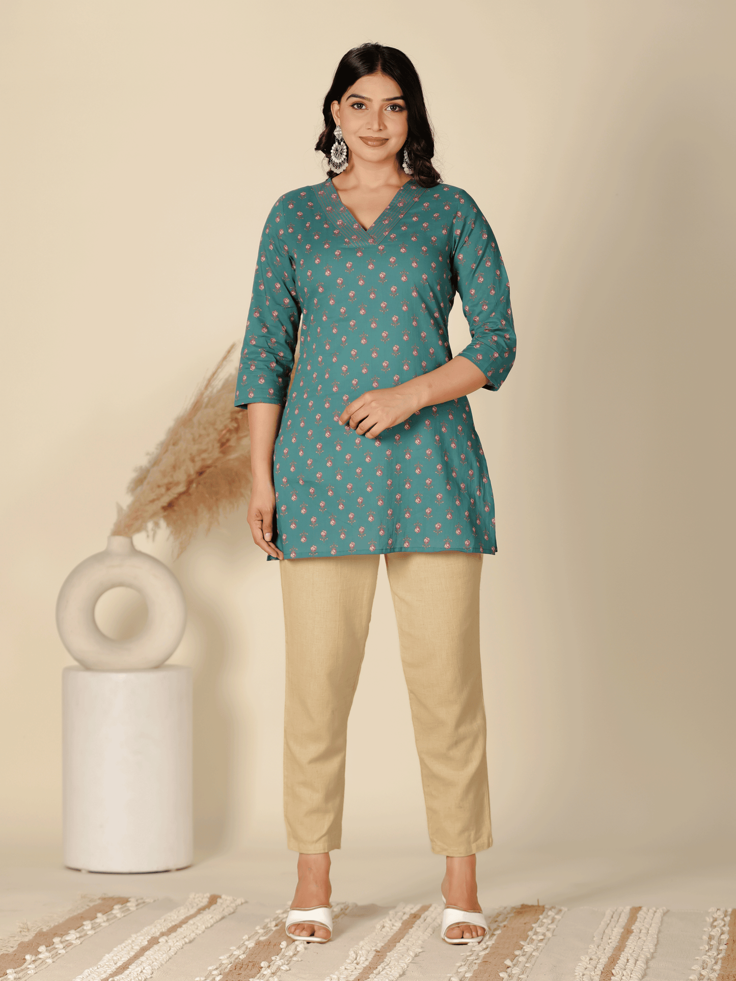 Soft Cotton Floral Straight Green Kurti