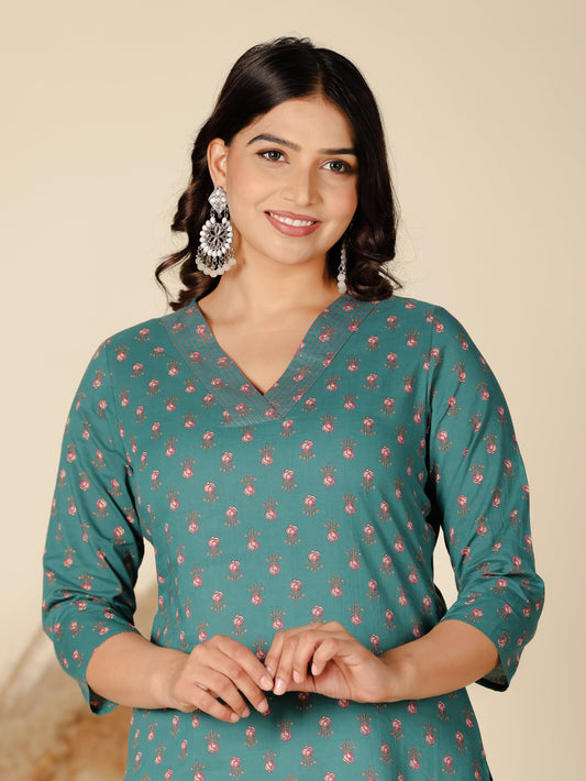 Soft Cotton Floral Straight Green Kurti