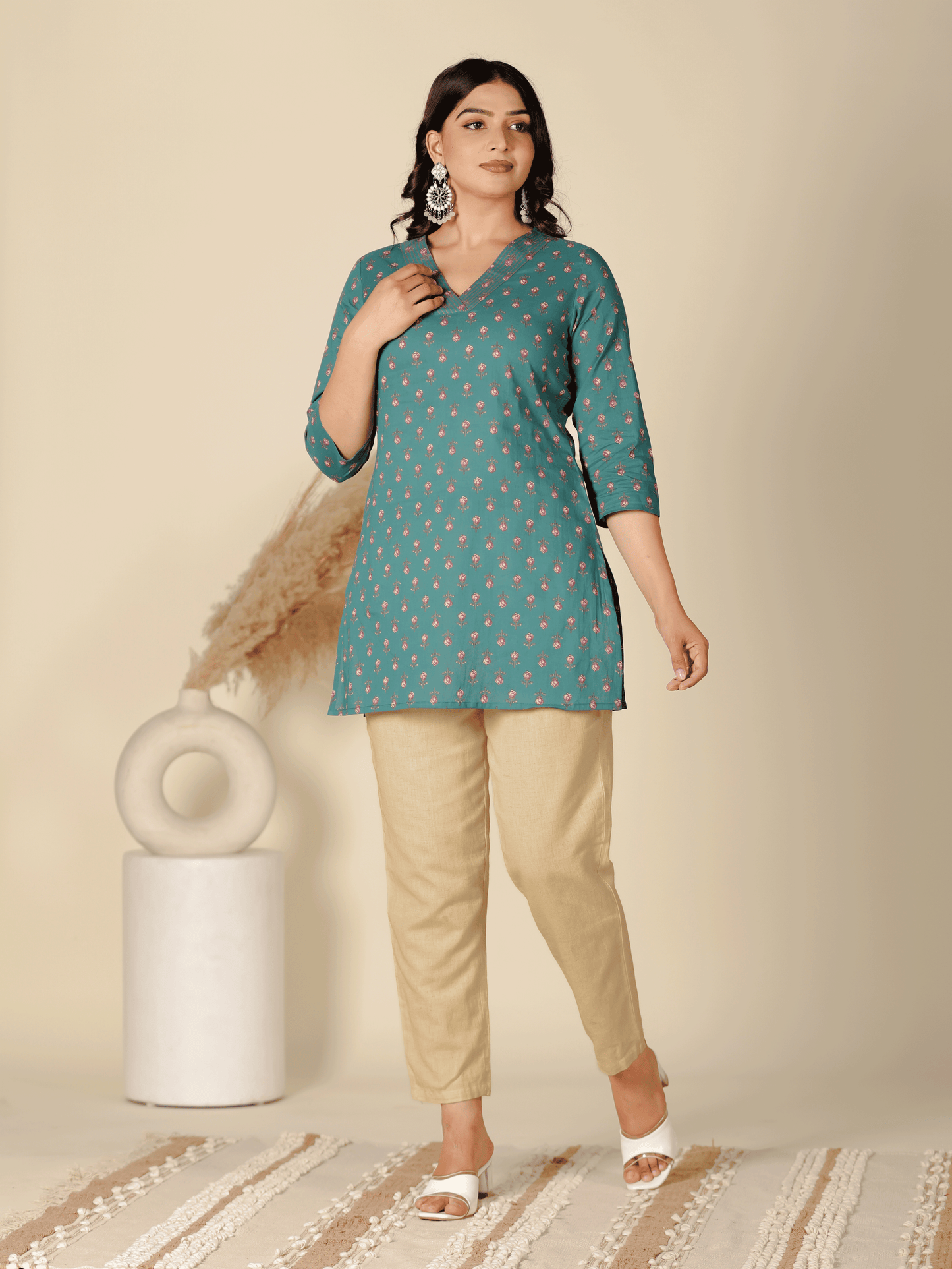 Soft Cotton Floral Straight Green Kurti