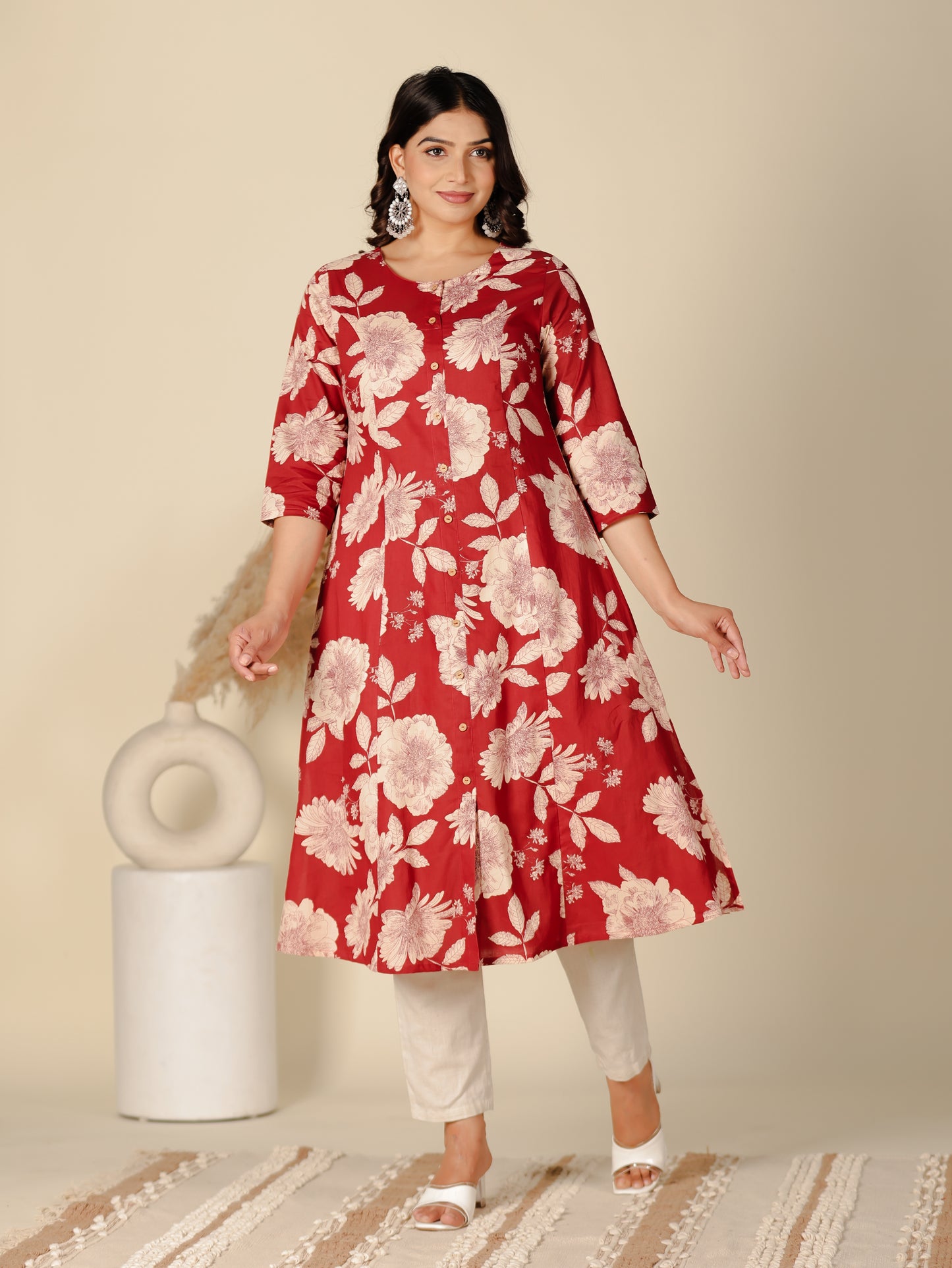 Soft Cotton Floral A-line Brown Kurta