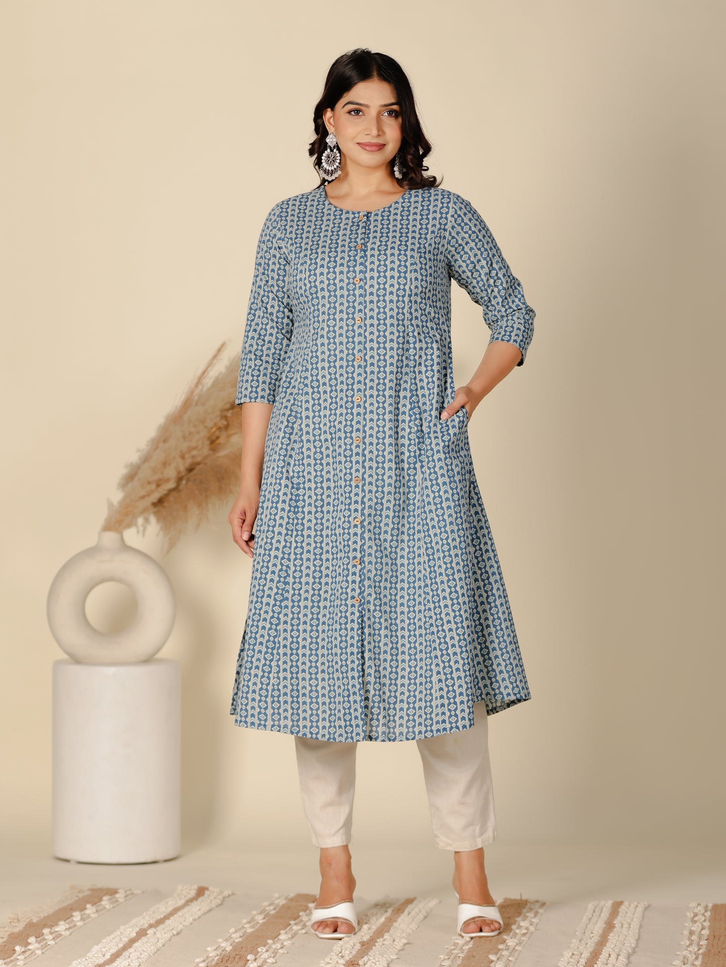 Soft Cotton Geometric A-line Blue Kurta