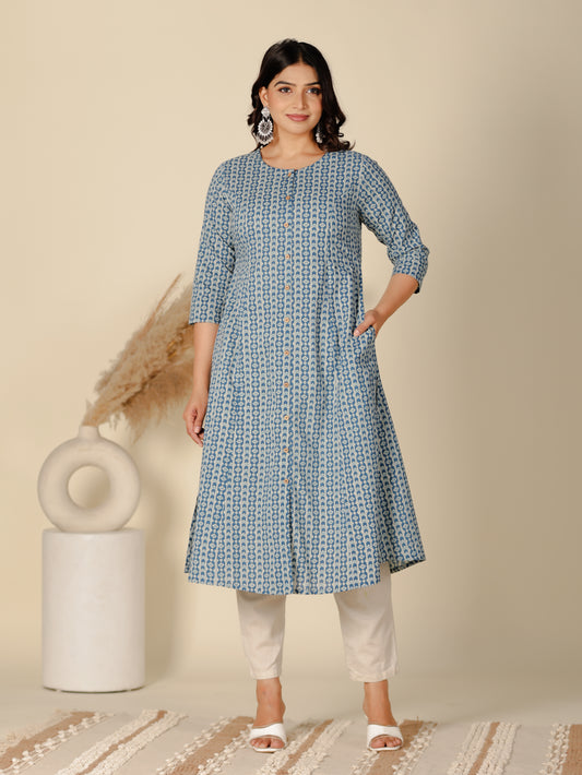Soft Cotton Geometric A-line Blue Kurta