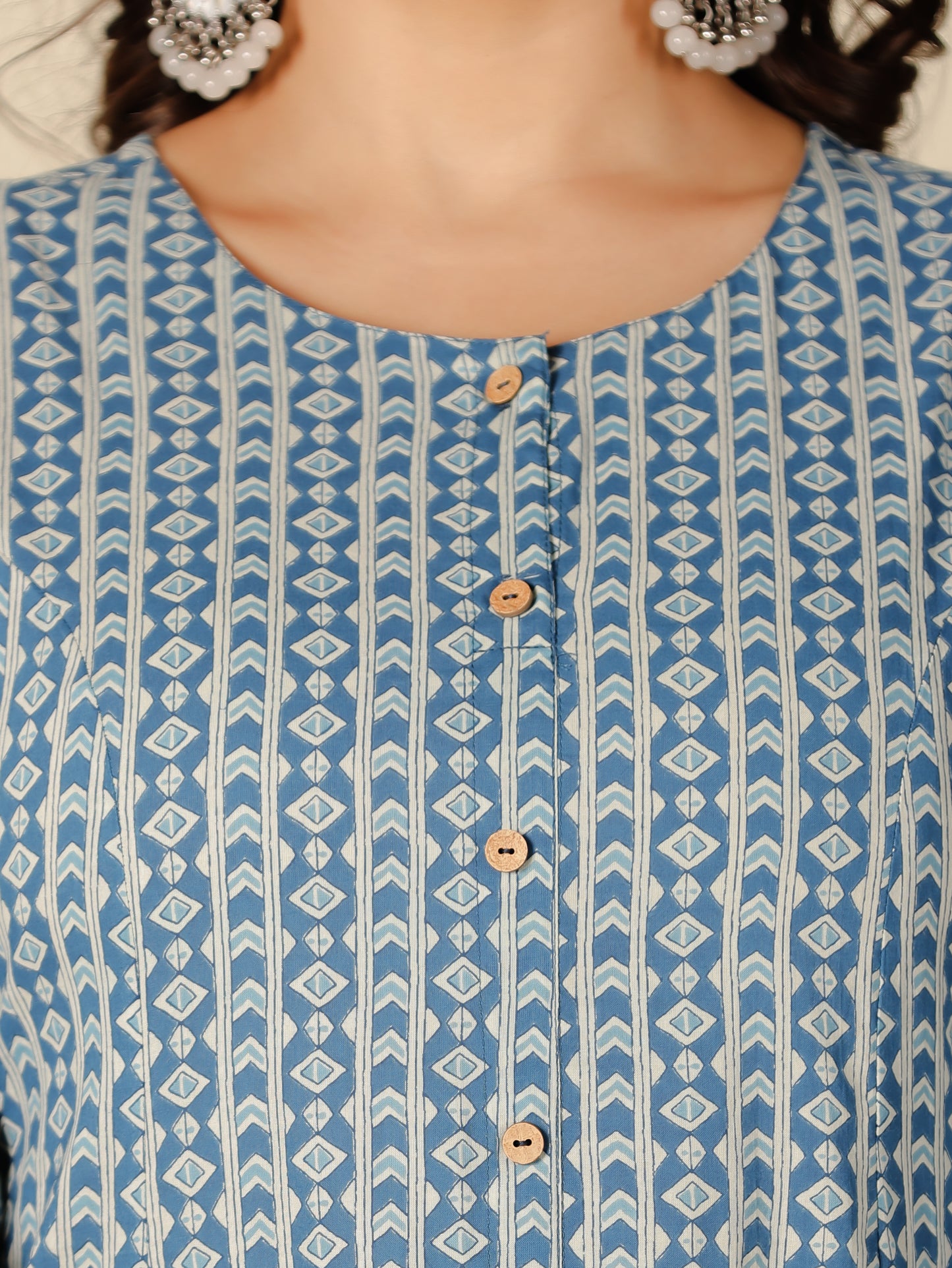 Soft Cotton Geometric A-line Blue Kurta