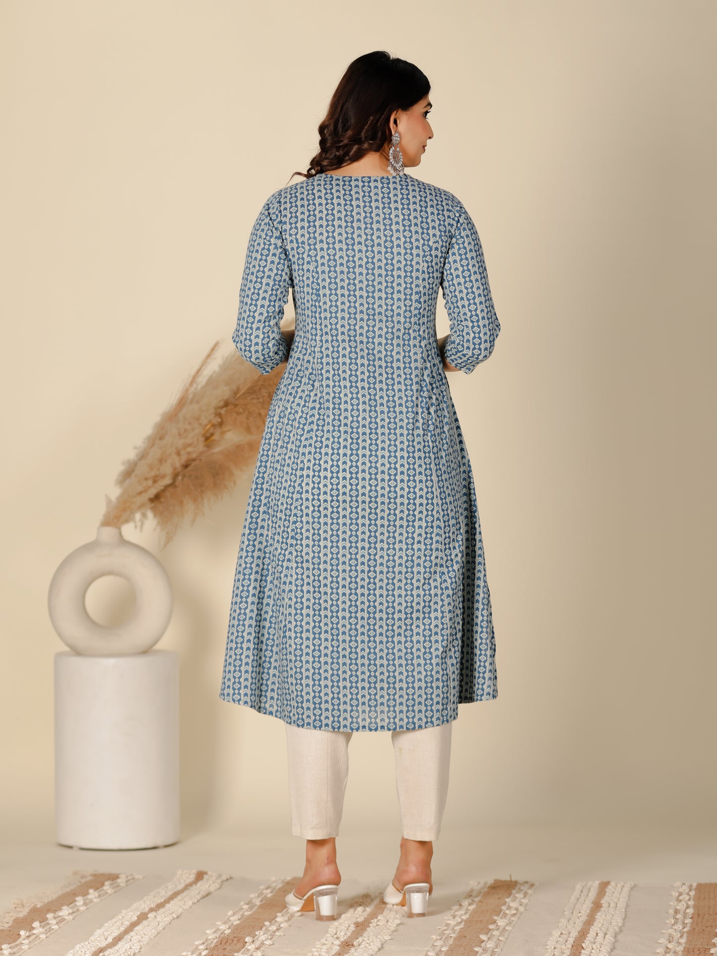Soft Cotton Geometric A-line Blue Kurta