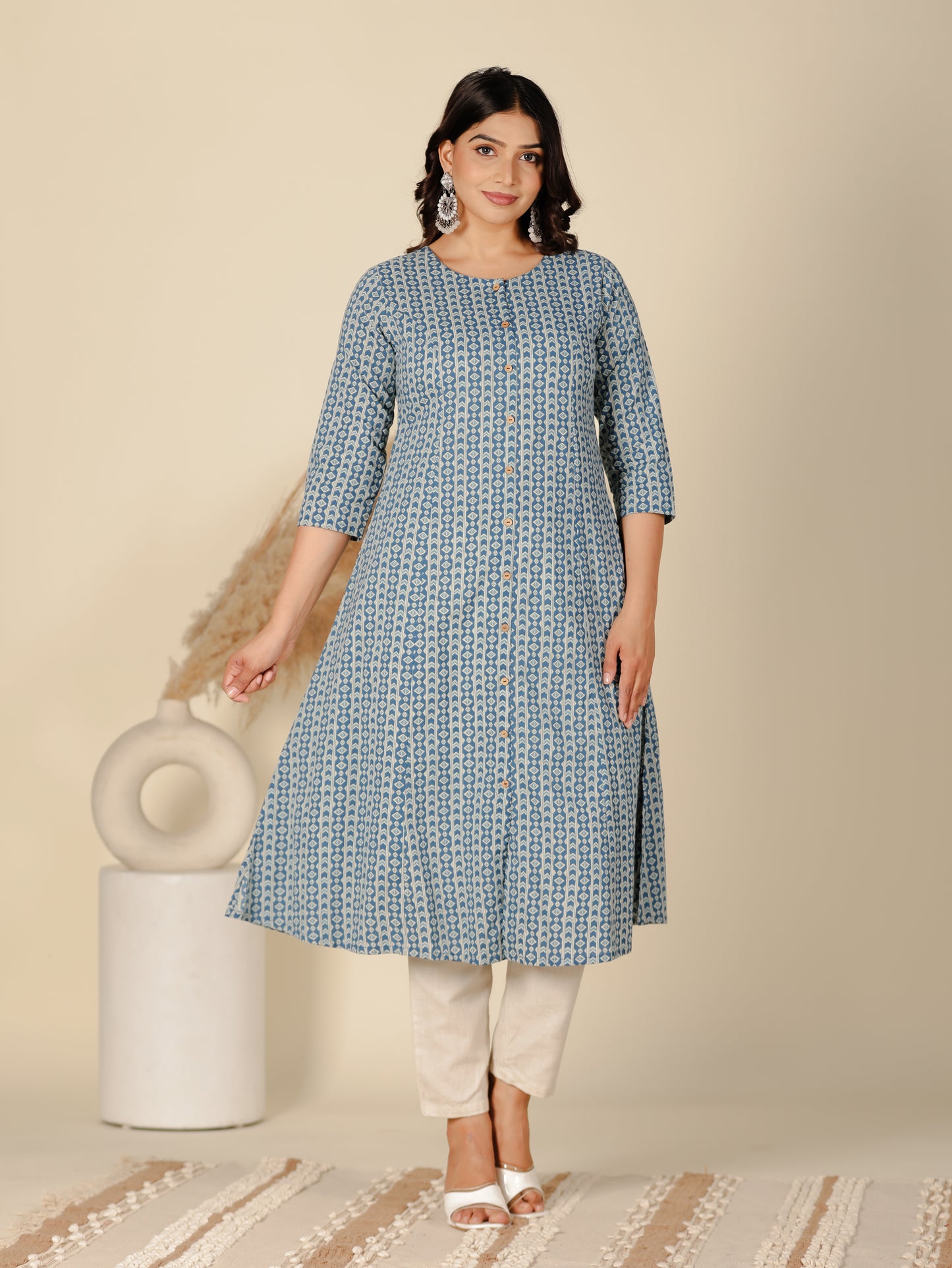Soft Cotton Geometric A-line Blue Kurta