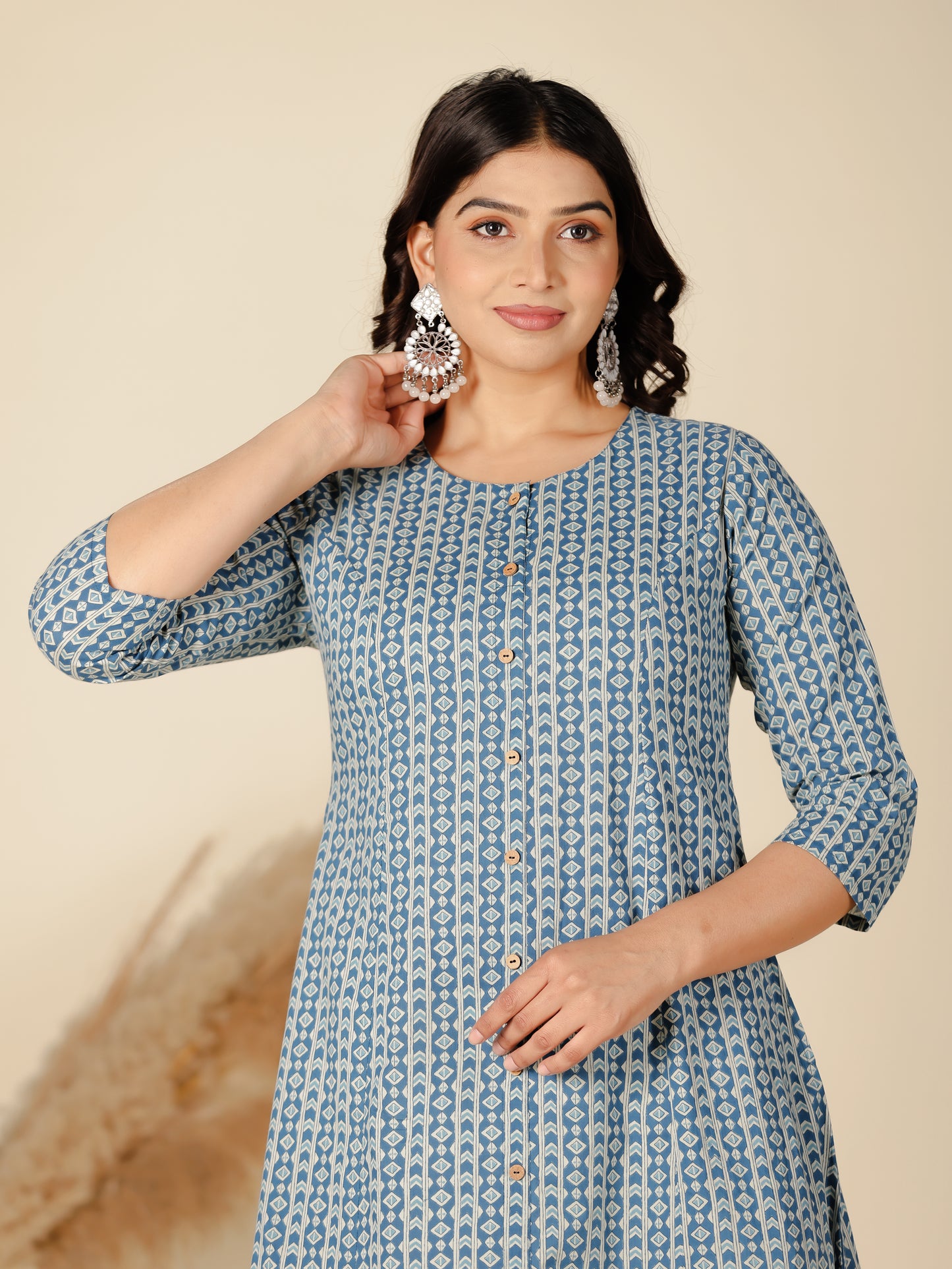 Soft Cotton Geometric A-line Blue Kurta