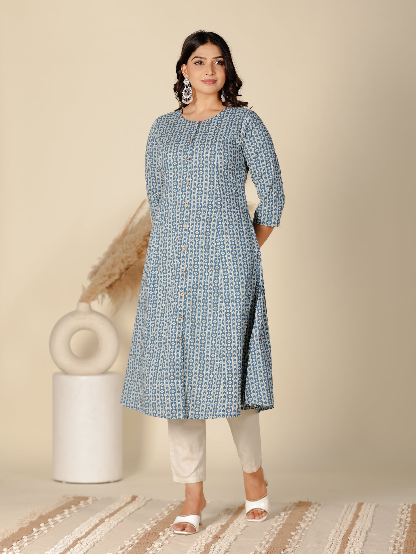 Soft Cotton Geometric A-line Blue Kurta