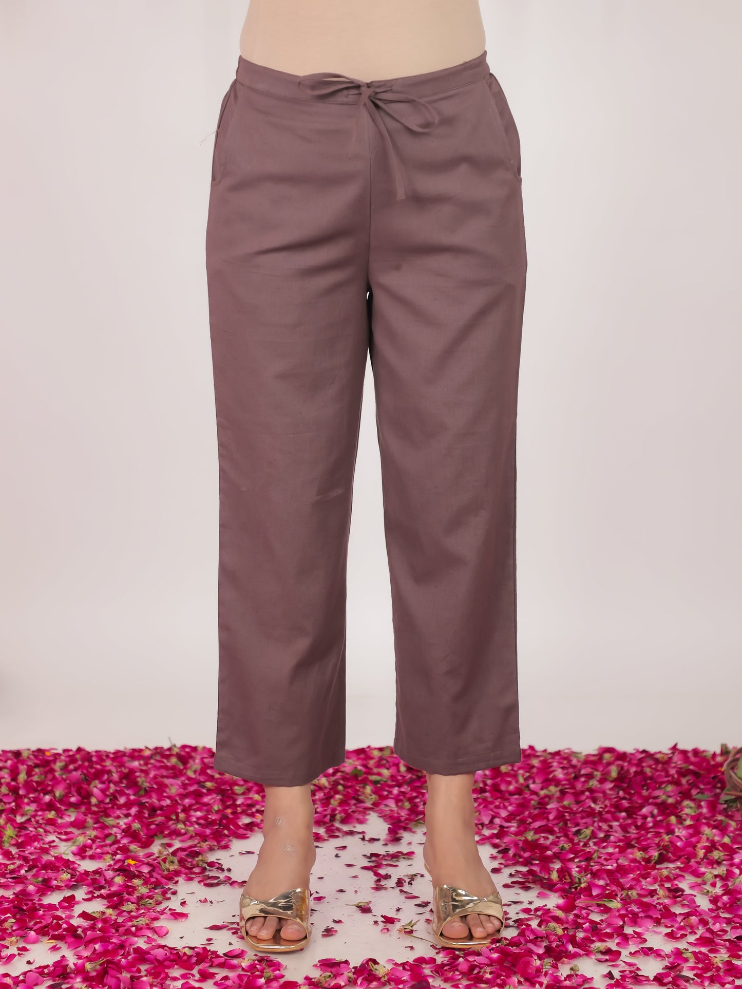 Natural Cotton Solid Brown Straight Trousers