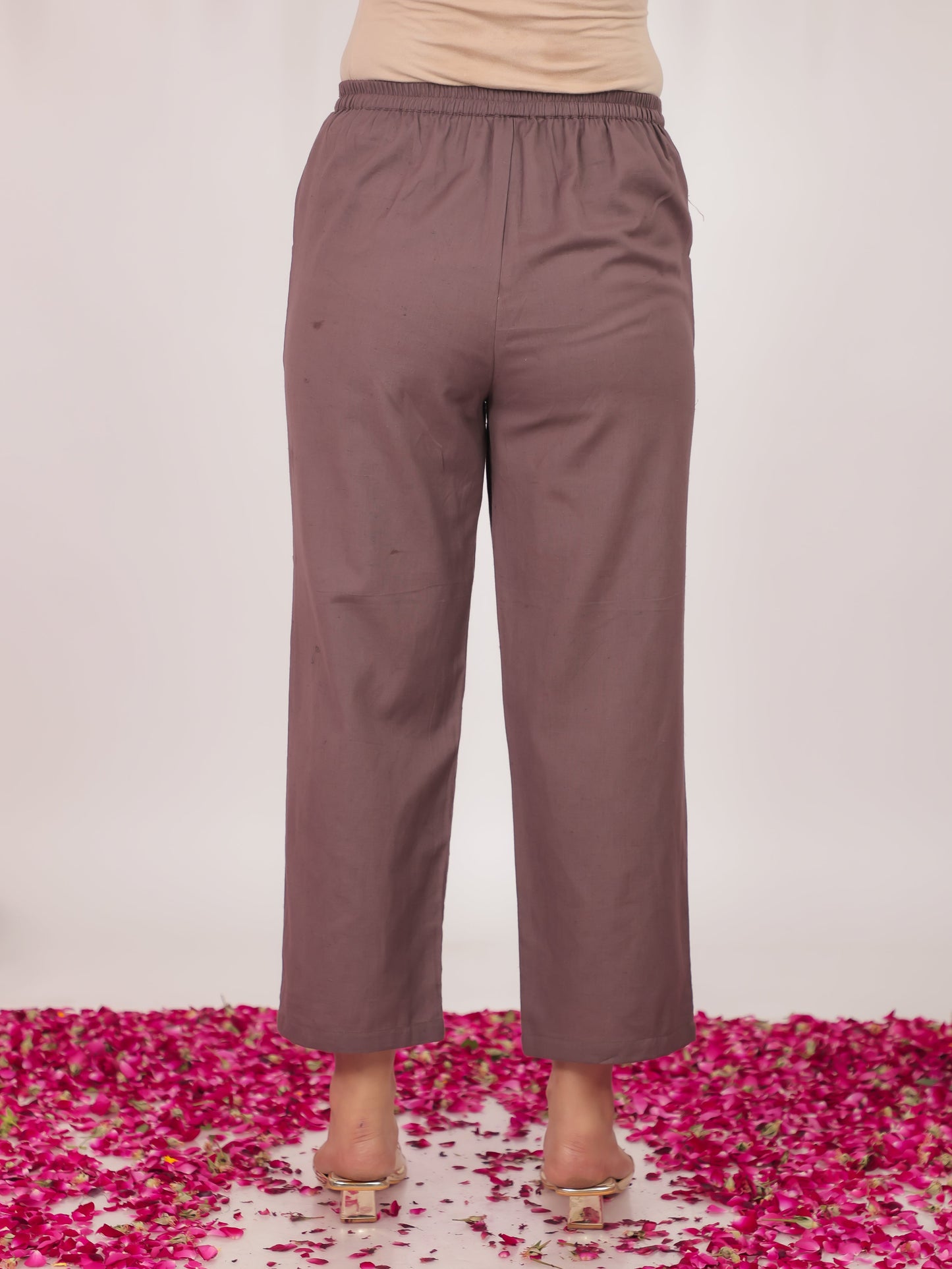 Natural Cotton Solid Brown Straight Trousers