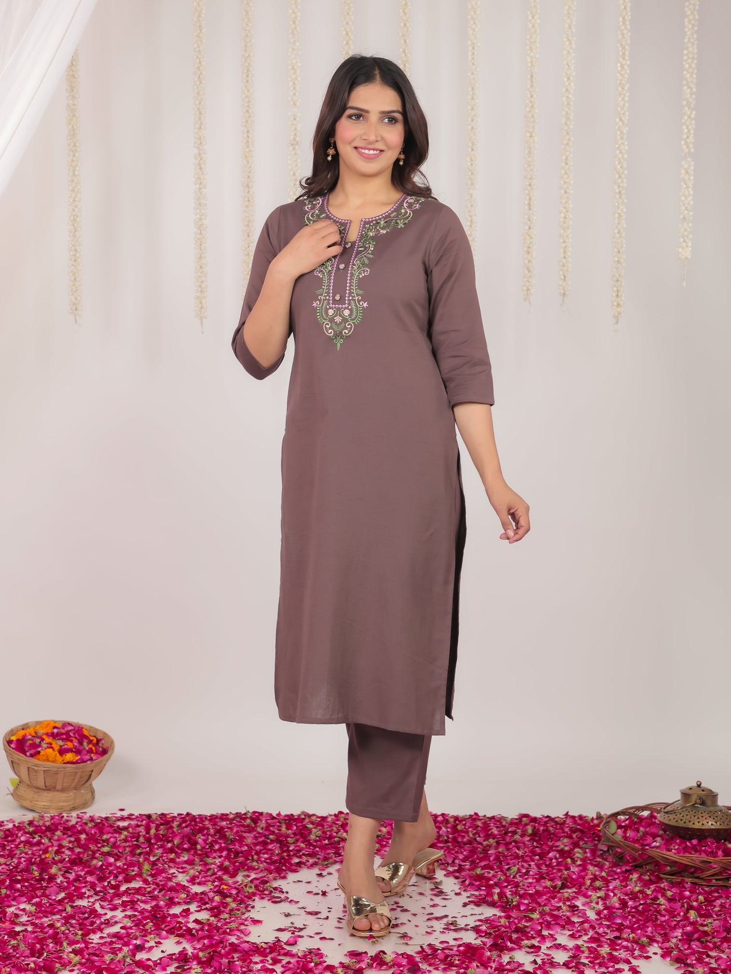 Natural Cotton Solid Straight Brown Kurta