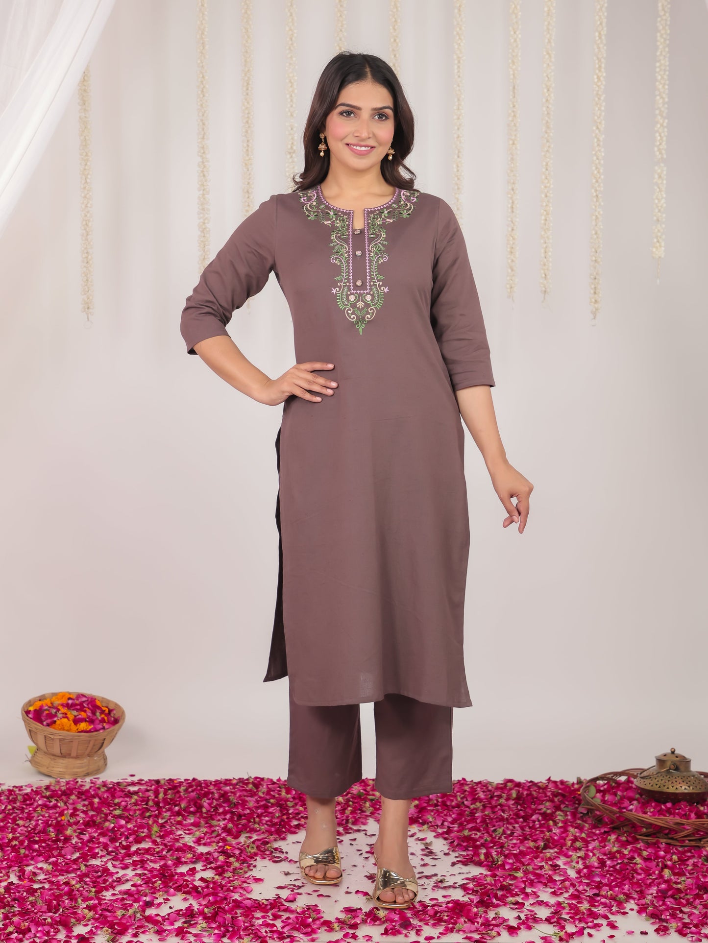 Natural Cotton Solid Straight Brown Kurta