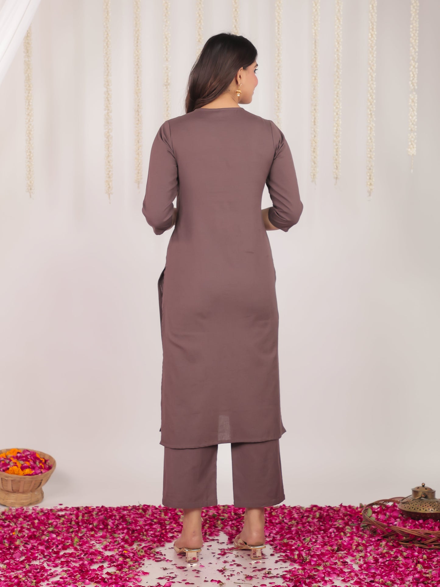 Natural Cotton Solid Straight Brown Kurta