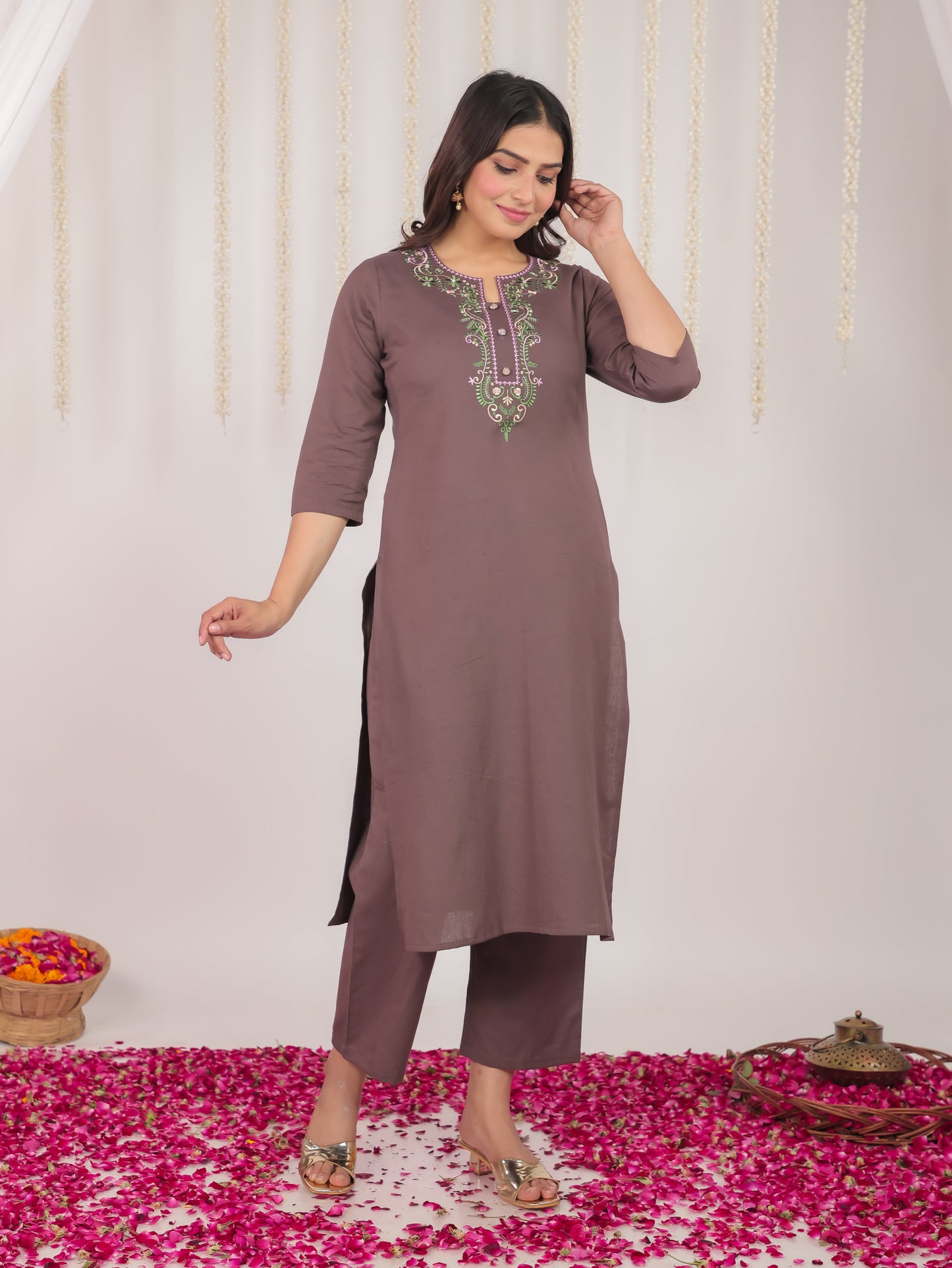 Natural Cotton Solid Straight Brown Kurta