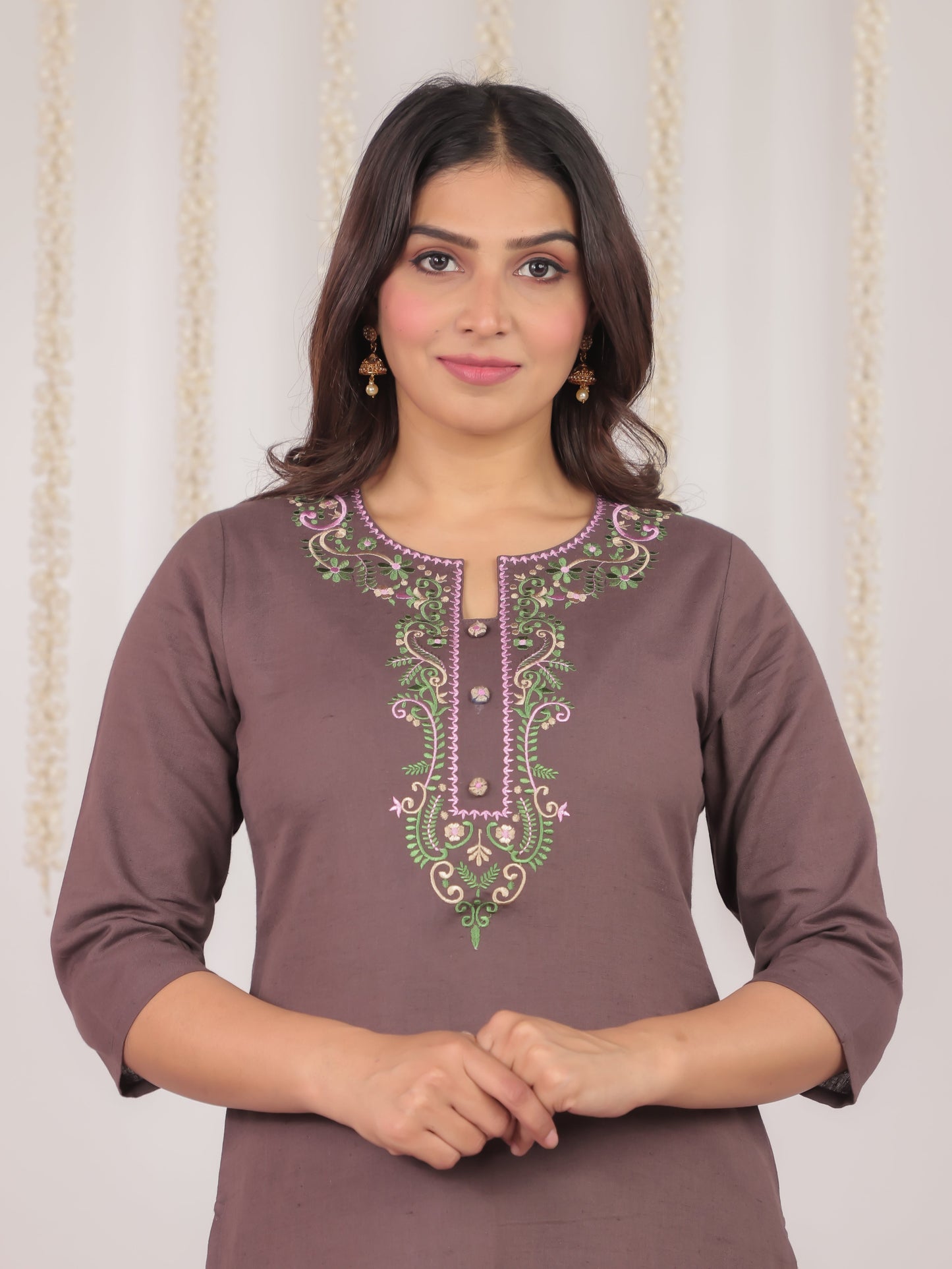 Natural Cotton Solid Straight Brown Kurta