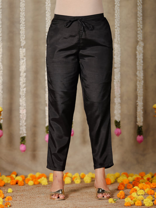 Chanderi Solid Black Tapered Trousers