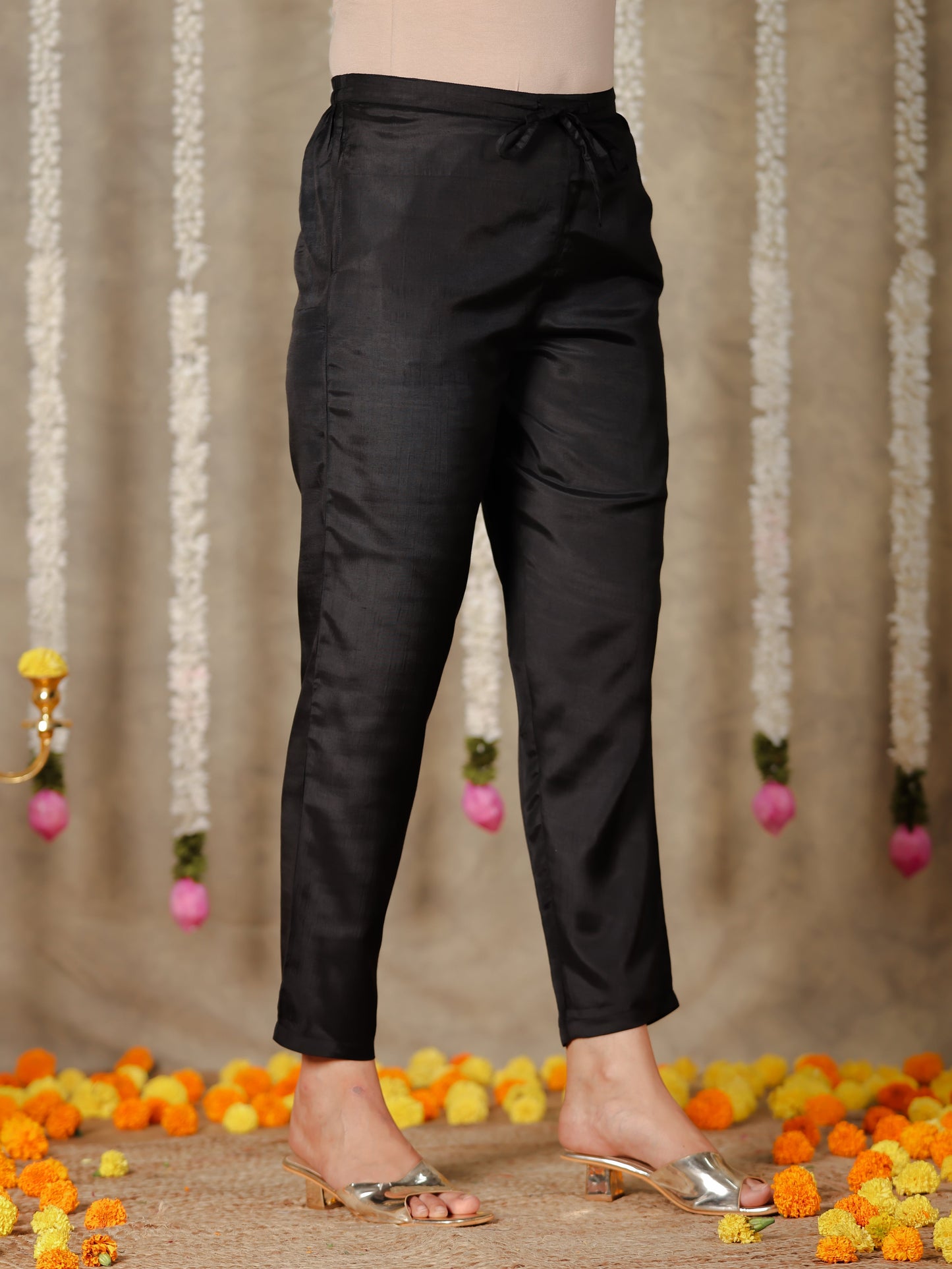 Chanderi Solid Black Tapered Trousers