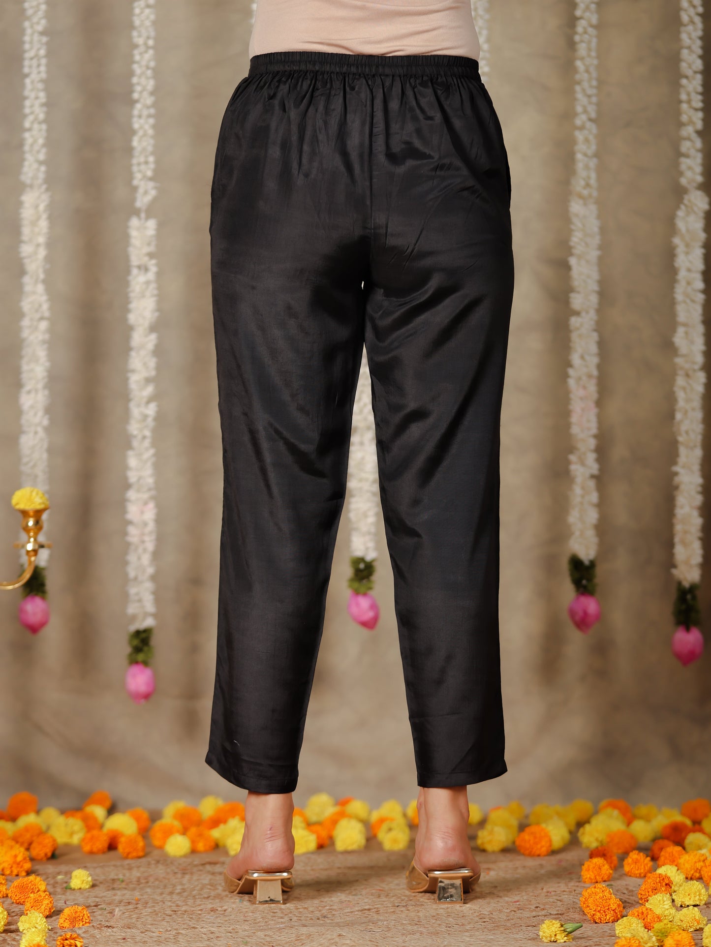 Chanderi Solid Black Tapered Trousers