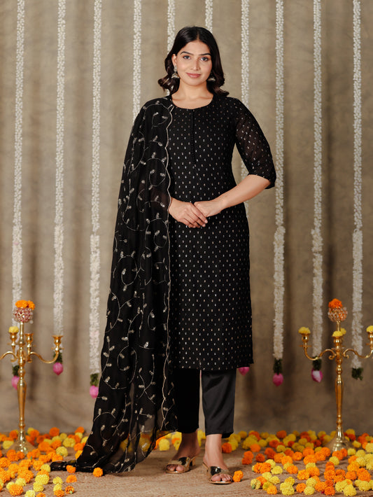 Chanderi Embroidered Black Dupatta