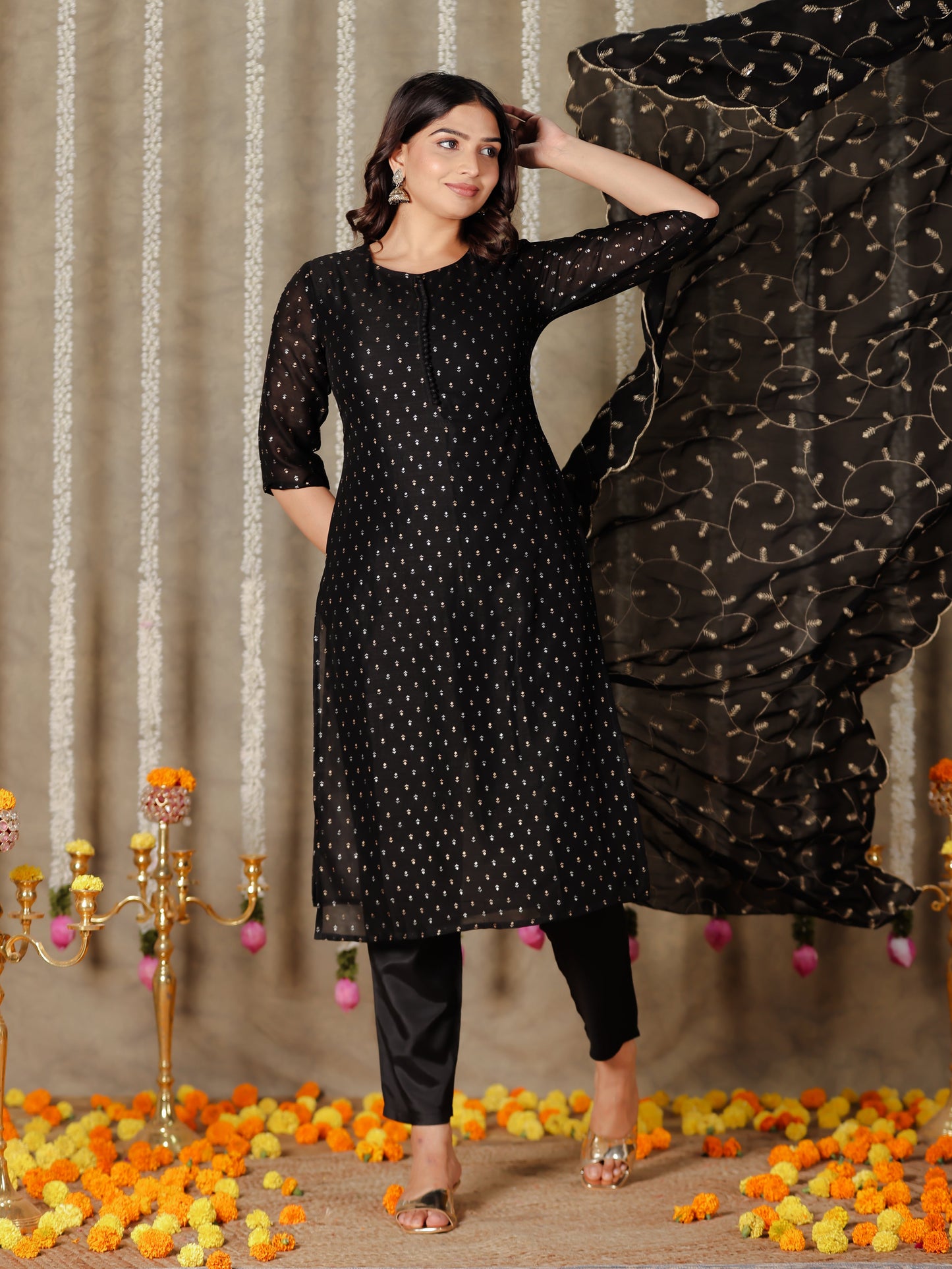 Chanderi Embroidered Black Dupatta