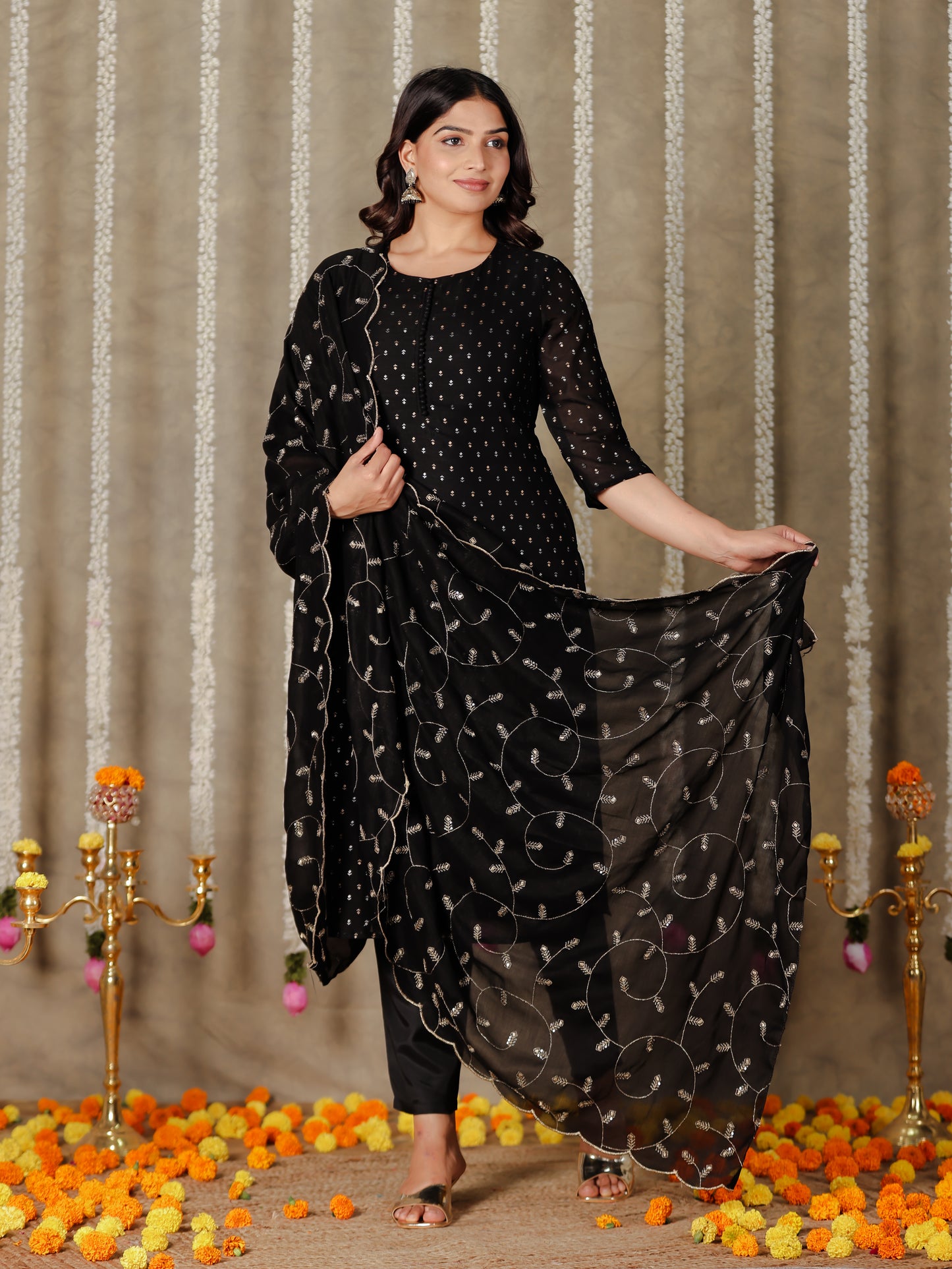 Chanderi Embroidered Black Dupatta