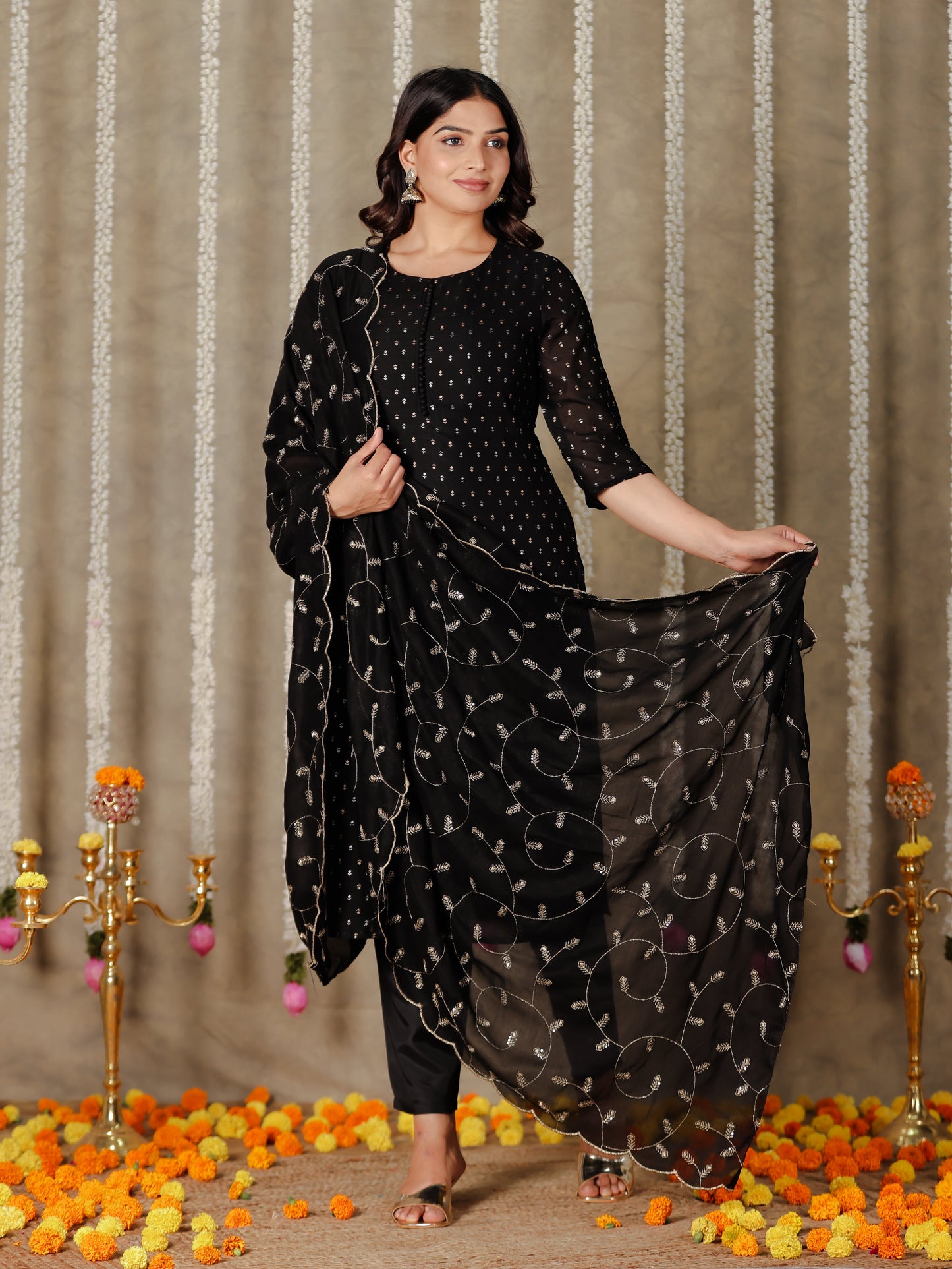 Chanderi Embroidered Black Dupatta